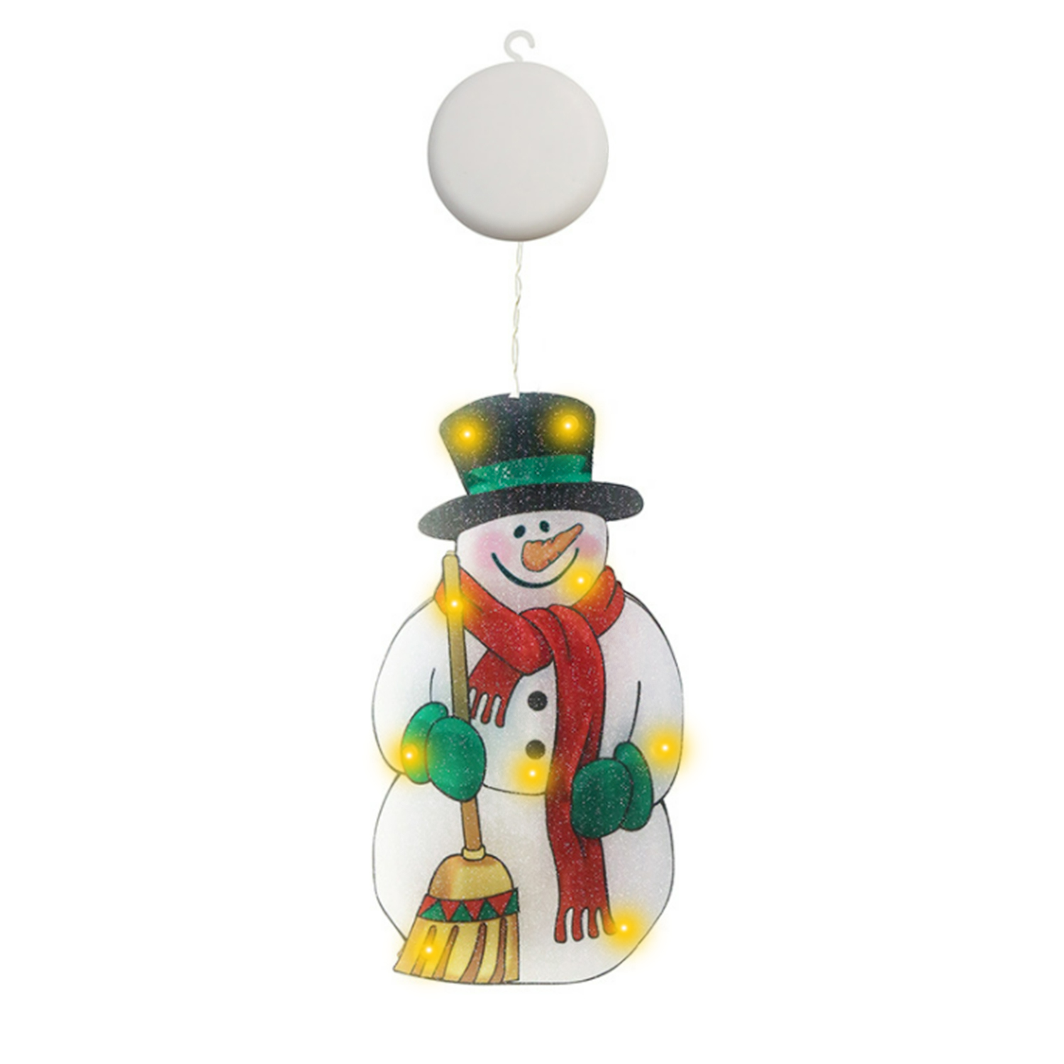 Una decorazione natalizia a forma di pupazzo di neve con luci, con cappello nero e sciarpa rossa.