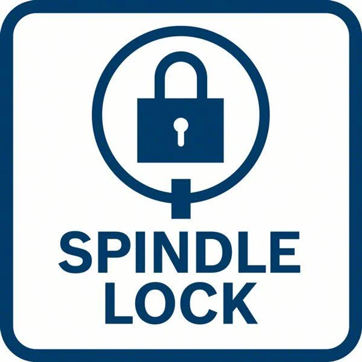 Logotipo azul y blanco de Spindle Lock. Un candado en un círculo dentro de un cuadrado con texto.