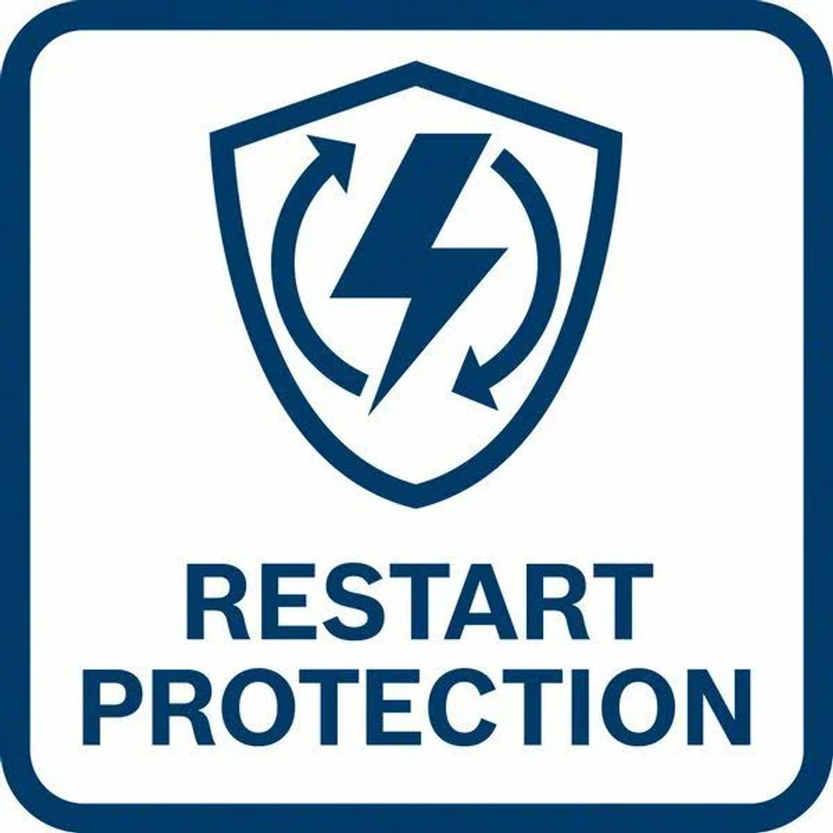 Un logotipo azul y blanco de Restart Protection sobre un fondo blanco.