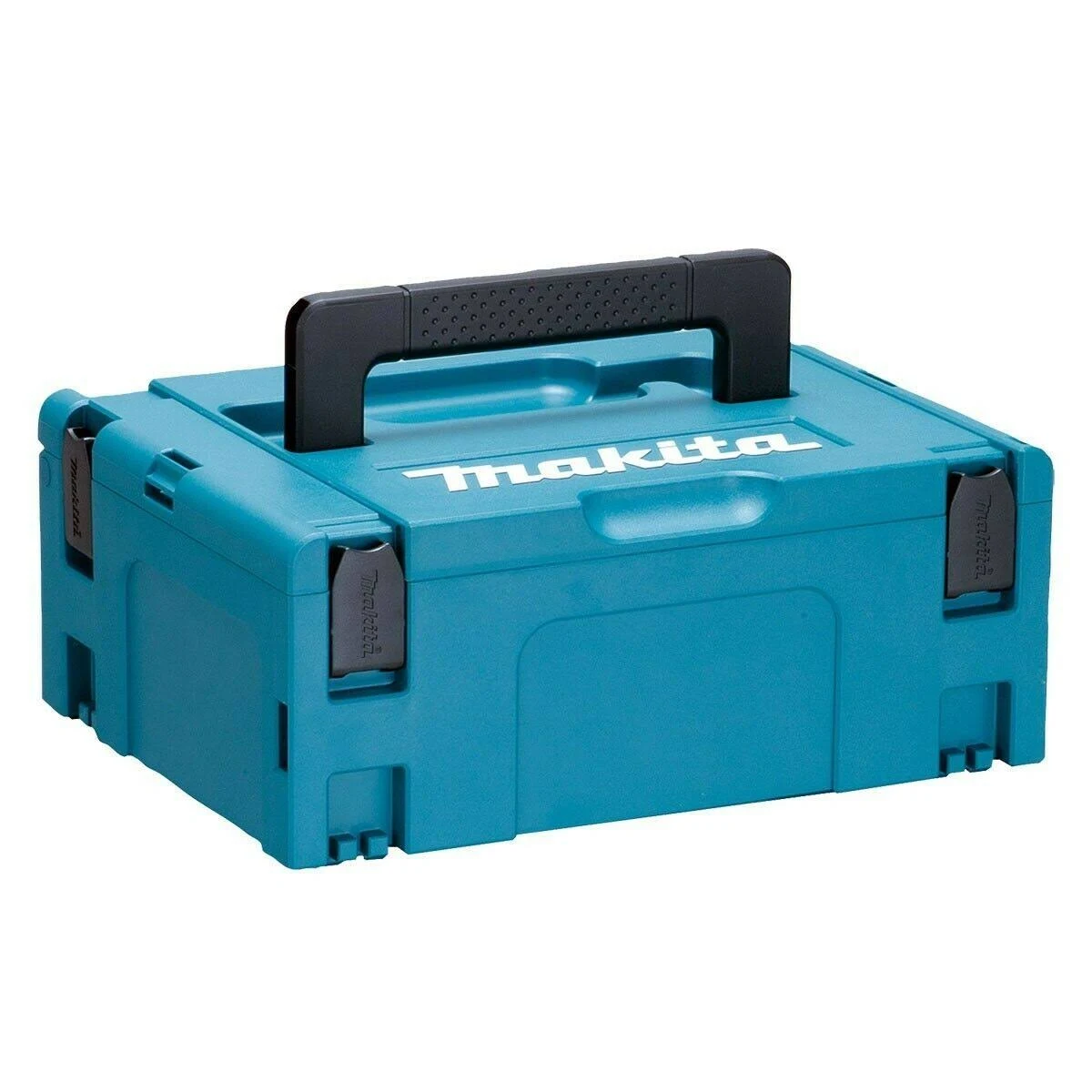 Una caja de herramientas Makita turquesa con asa negra. Logotipo blanco de Makita en la parte delantera.