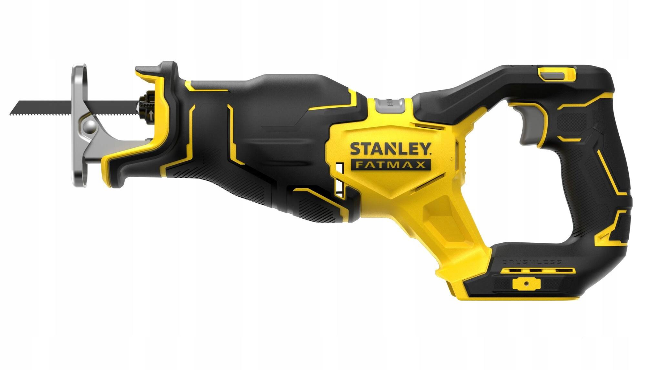 Eine gelb-schwarze Stanley FatMax Säbelsäge mit einem Sägeblatt. Das Werkzeug befindet sich auf weißem Hintergrund.