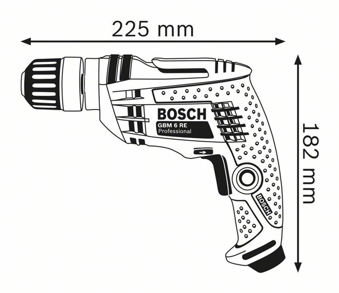 Schwarz-silberne Bosch-Bohrmaschine mit Maßen. Sie ist 225 mm lang und 182 mm hoch.