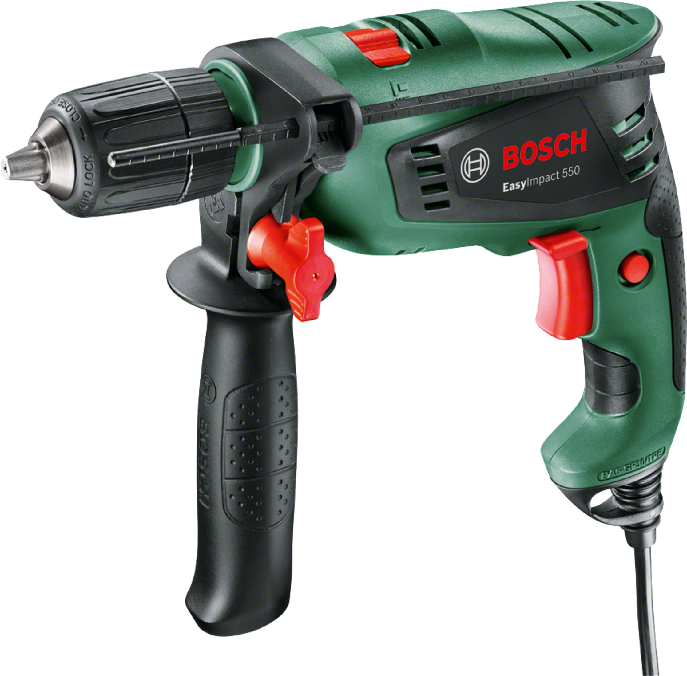 Trapano elettrico verde e nero con dettagli rossi. È un modello Bosch EasyImpact 550.