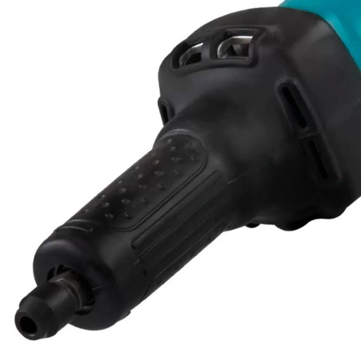 Czarne i turkusowe narzędzie szlifierskie. Czarny uchwyt. Białe tło.