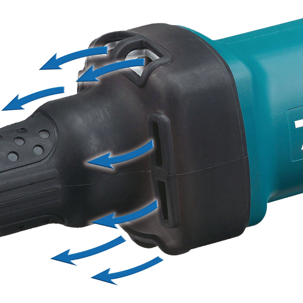 Zbliżenie czarnych otworów wentylacyjnych elektronarzędzia z niebieskimi strzałkami wskazującymi przepływ powietrza.