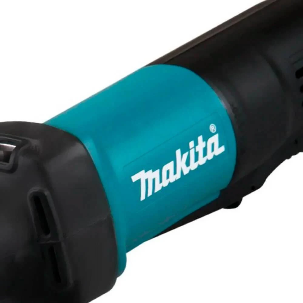 Zbliżenie turkusowo-czarnego elektronarzędzia Makita z widoczną nazwą marki.