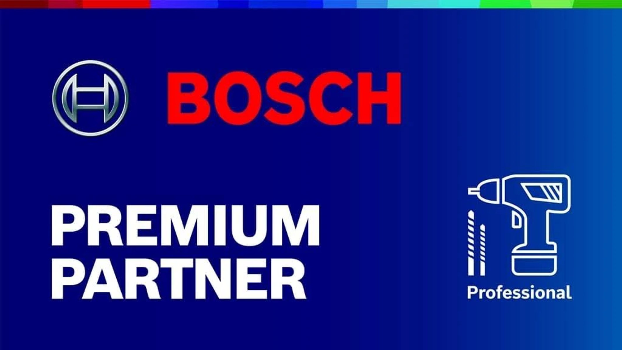 Logotipo y texto de Bosch. Logotipo Premium Partner. Imagen de taladro. Fondo azul con barras multicolores.