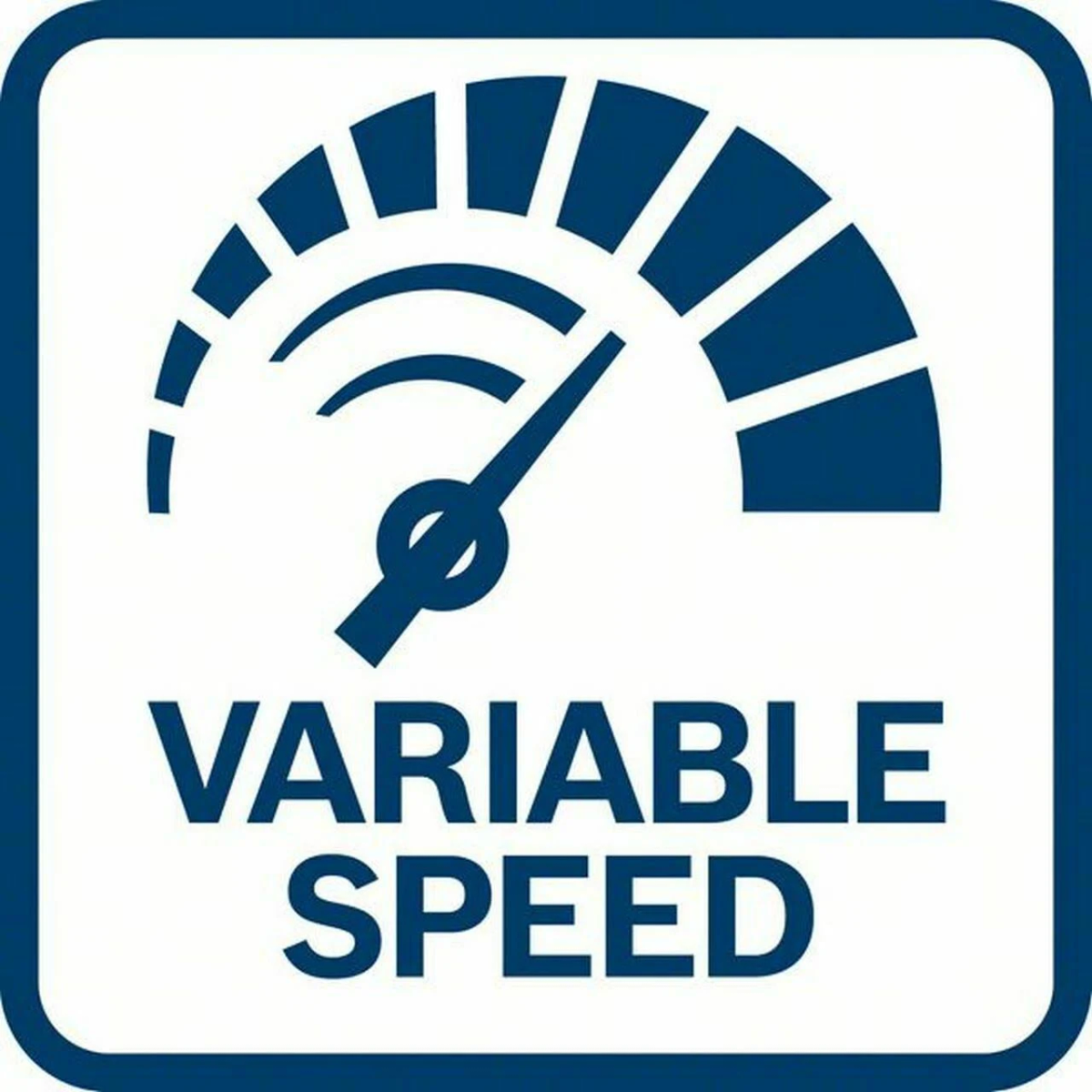 Un cuadrado azul con las palabras 'VARIABLE SPEED' y un icono de velocímetro en blanco.