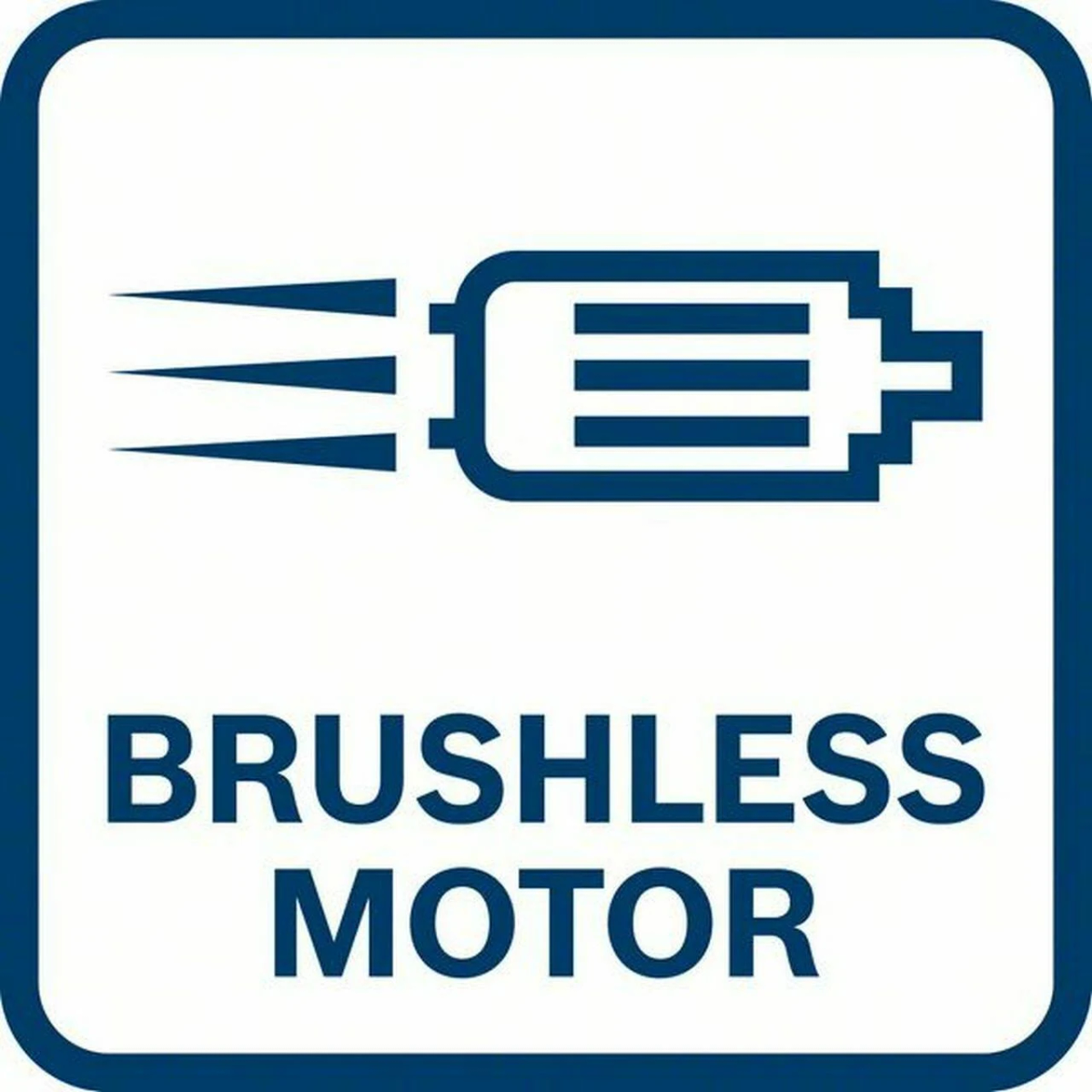 Cuadrado azul con texto blanco, 'BRUSHLESS MOTOR' debajo de un icono de motor eléctrico estilizado.