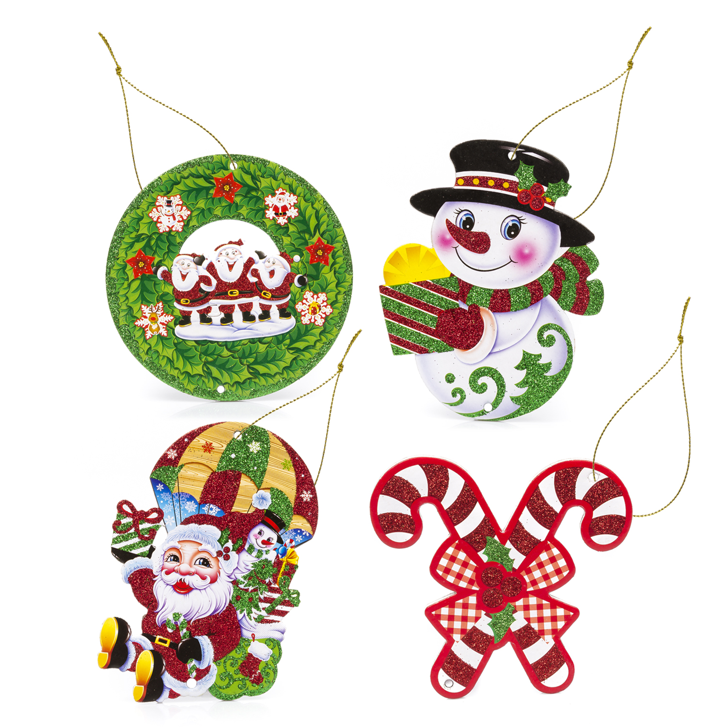 Quattro decorazioni natalizie: Babbo Natale, pupazzo di neve e bastoncini di zucchero. Tutti colorati, glitterati e festosi.