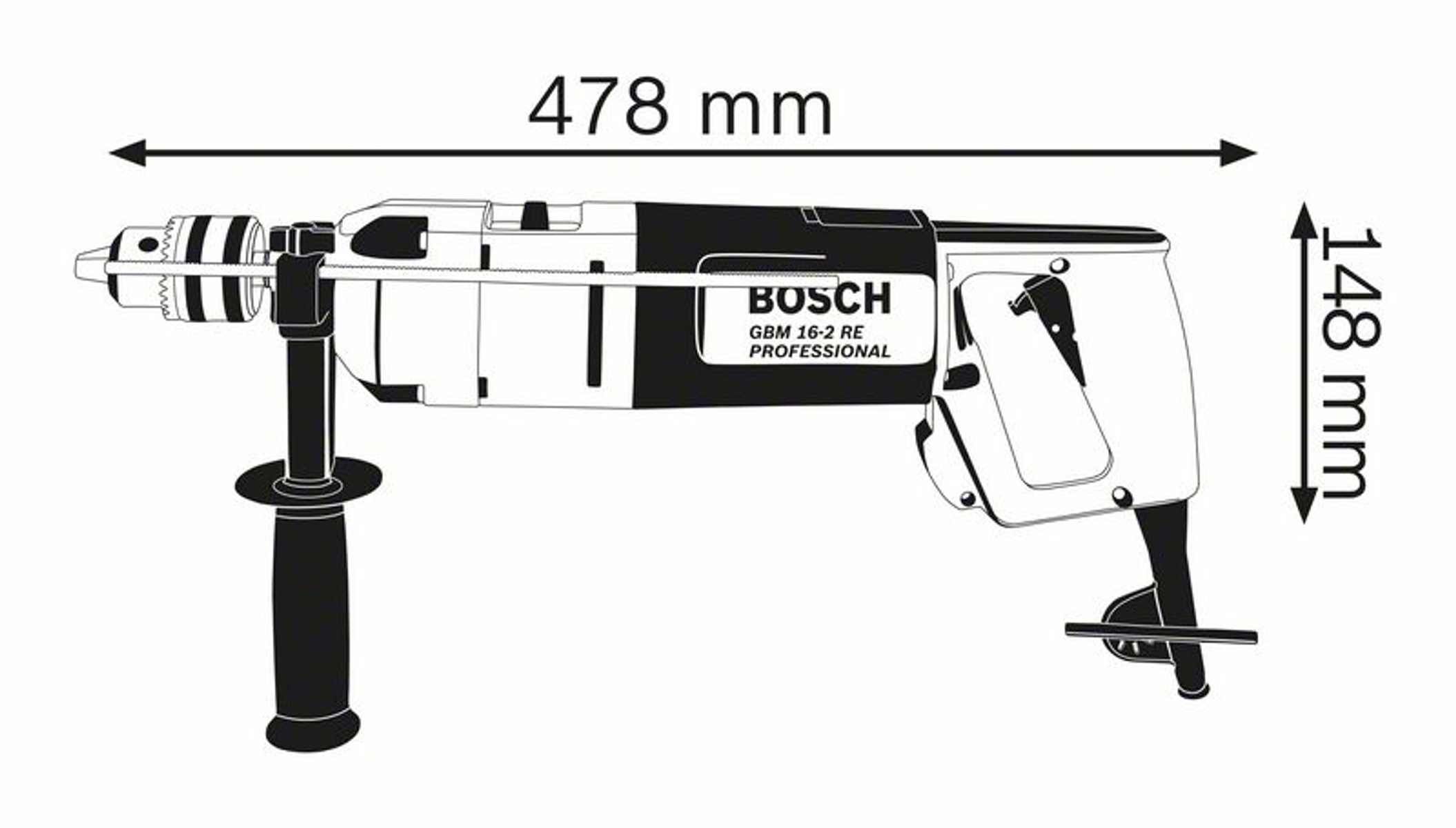 Schwarz-weiß-Diagramm einer Bosch GBM 16-2 RE Professional Bohrmaschine mit den Abmessungen: 478 mm x 148 mm.