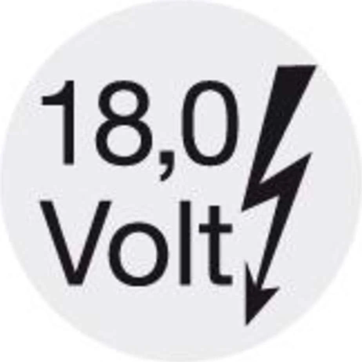 Biała, okrągła naklejka z napisem '18,0 Volt' w czarnym kolorze i błyskawicą.