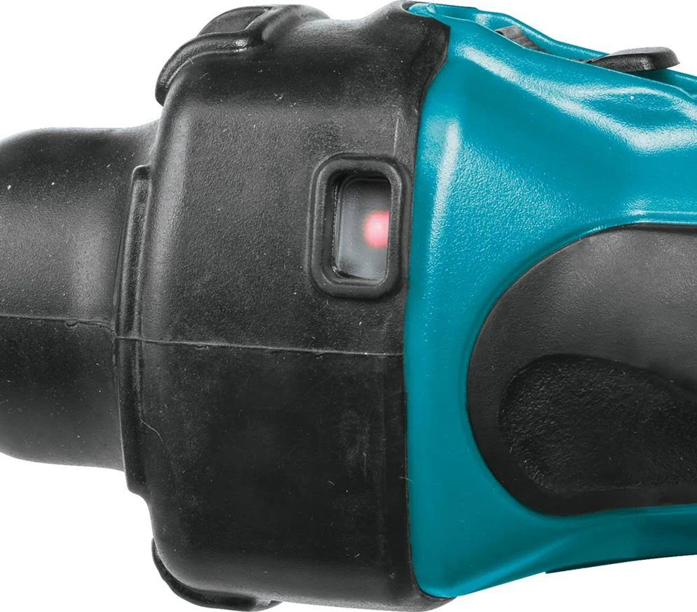 Zbliżenie czarnego i turkusowego elektronarzędzia z czerwoną lampką kontrolną.