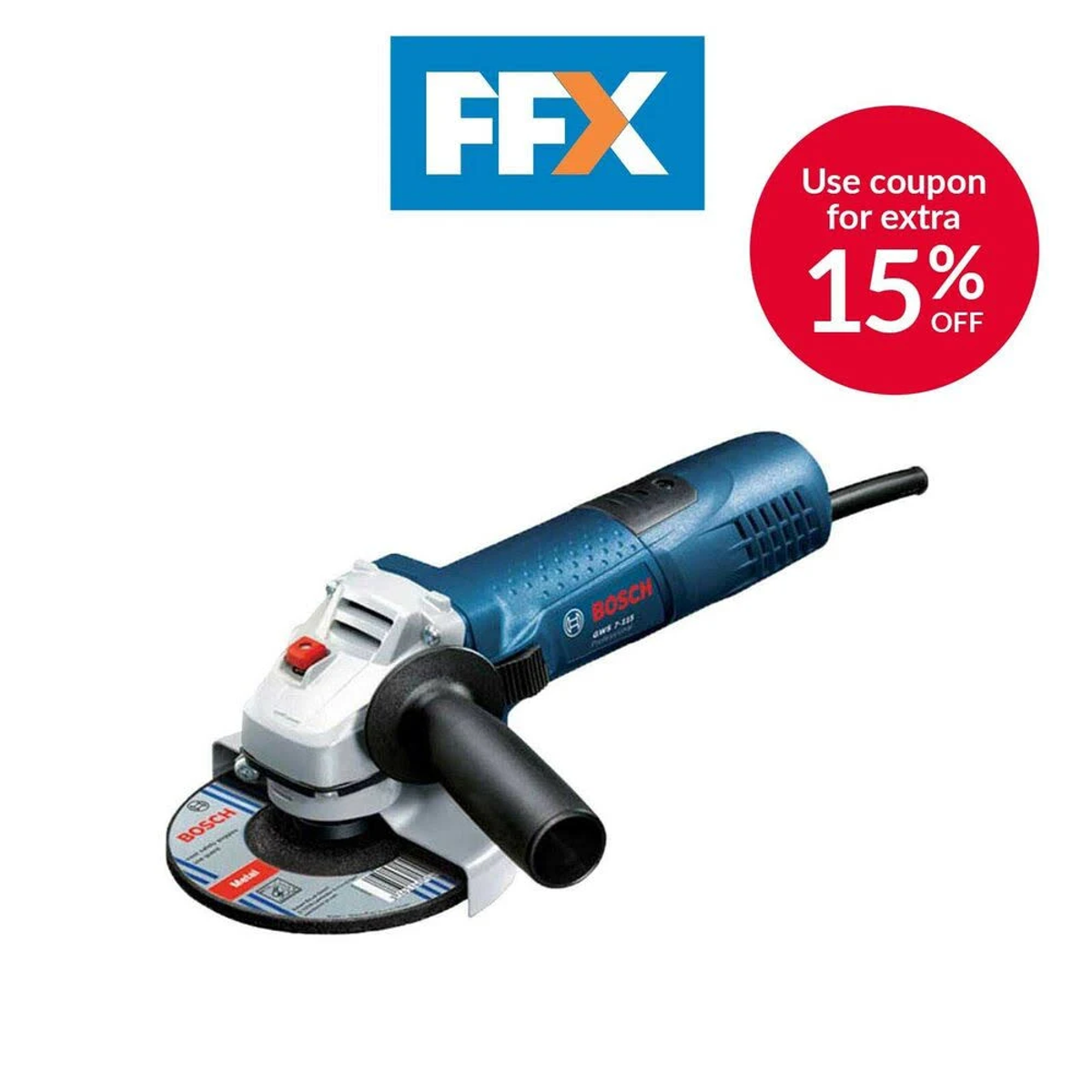 Una amoladora Bosch azul y blanca con una oferta de cupón del 15% de descuento. Se muestra un círculo rojo.