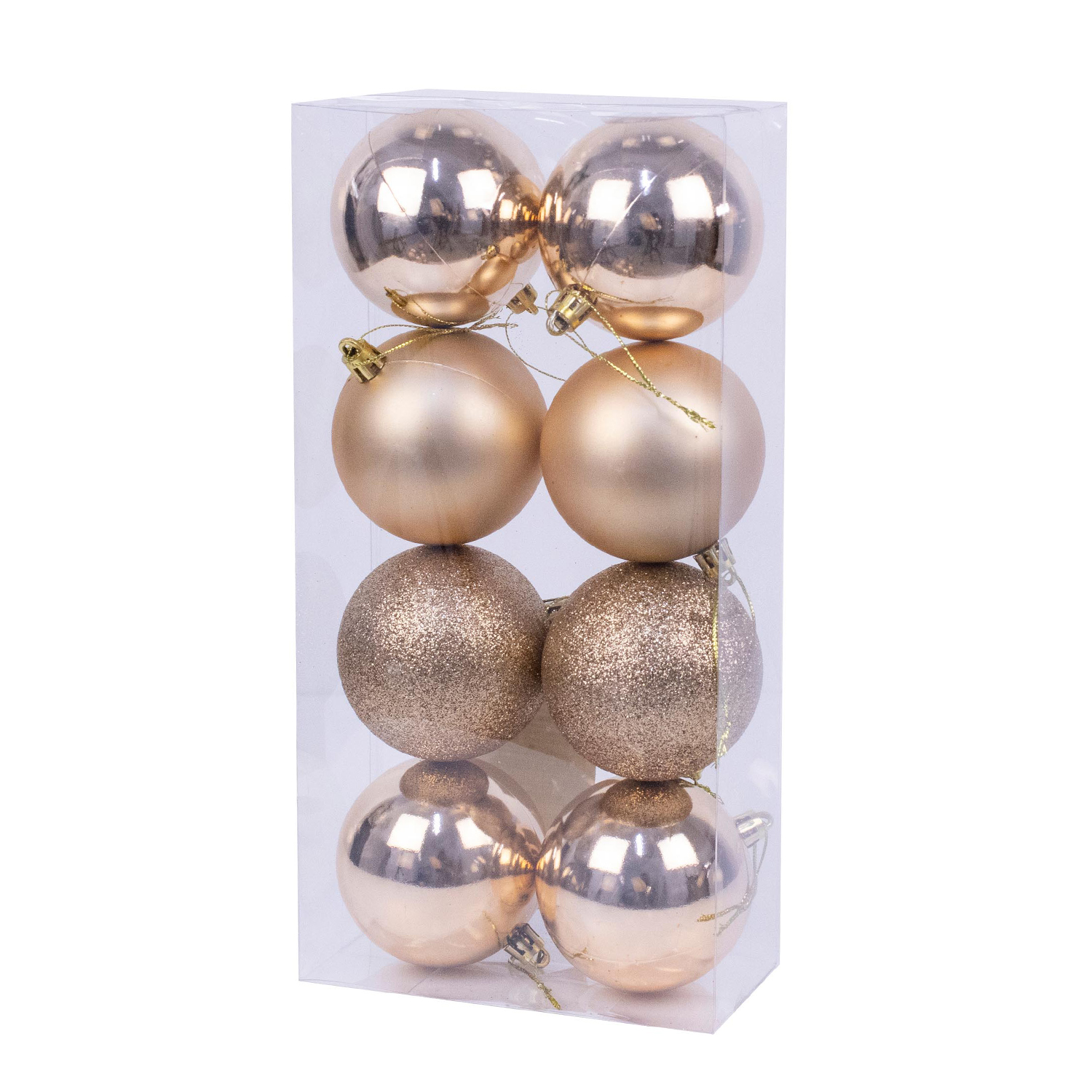 Set di ornamenti dorati per albero di Natale in una scatola trasparente.
