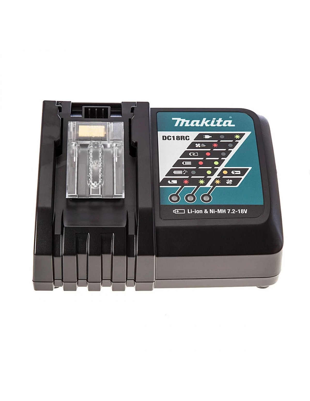 Cargador Makita DC18RC negro. Tiene una ranura de carga y luces indicadoras en un cuerpo negro y verde azulado.