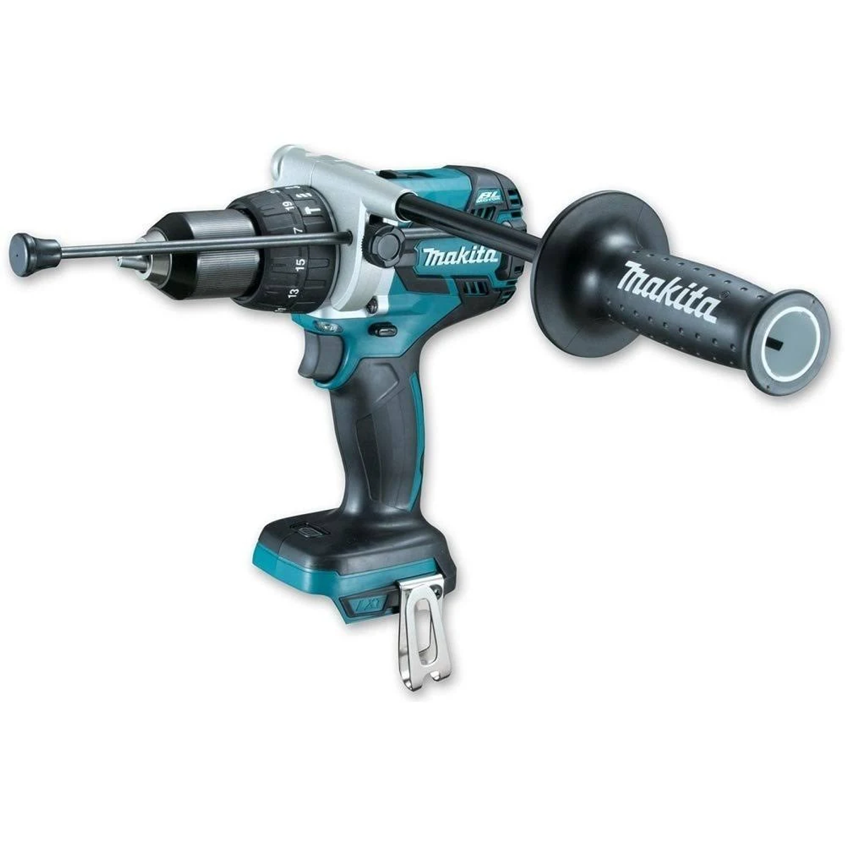 Taladro Makita de color verde azulado y negro con un mango lateral, sobre un fondo blanco.