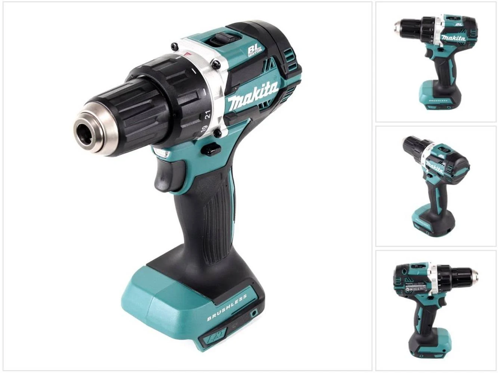 Wiertarka akumulatorowa Makita w wielu widokach. Ma turkusowo-czarną kolorystykę, z silnikiem bezszczotkowym.