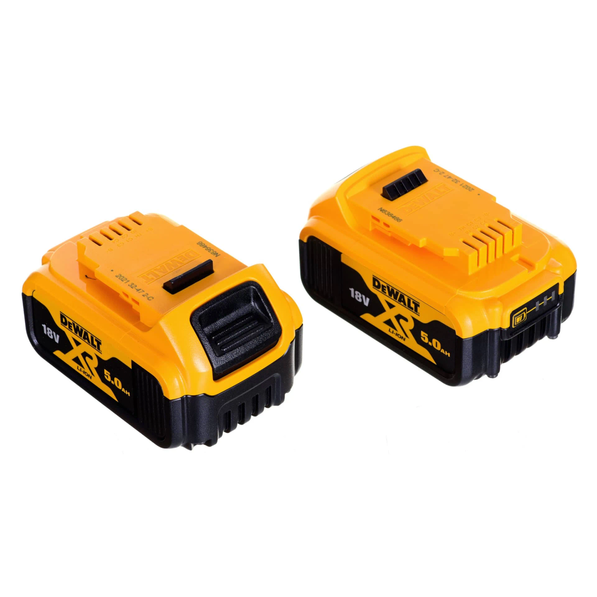 Due batterie DeWalt 18V 5.0Ah gialle e nere su sfondo bianco.