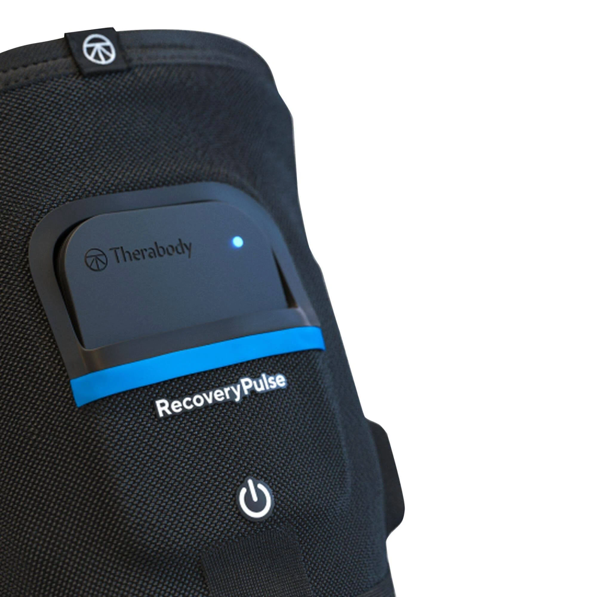 Un dispositivo Therabody RecoveryPulse negro. Tiene un acento azul, y el logotipo de Therabody está en él.