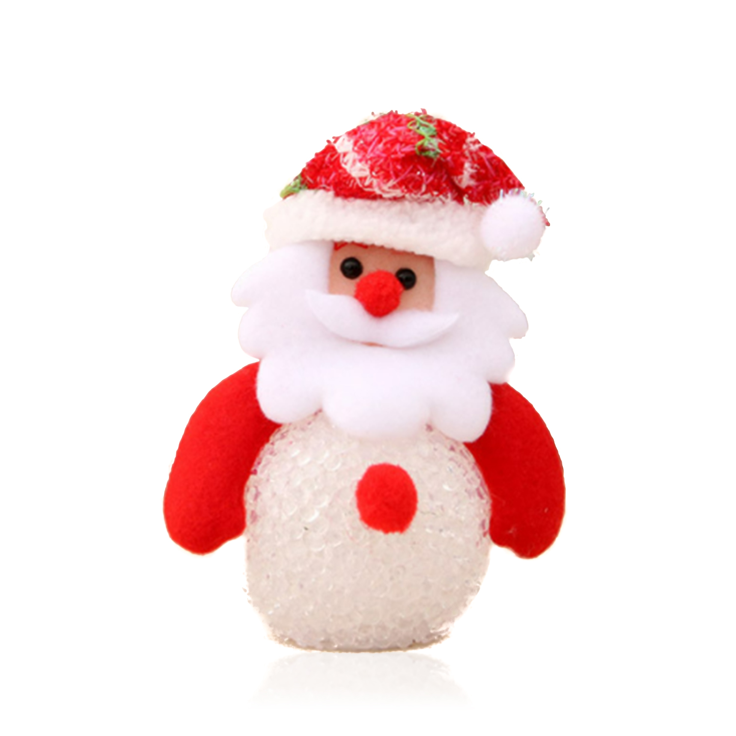 Piccola statuetta di Babbo Natale con cappello rosso, braccia rosse, barba bianca e corpo illuminato.