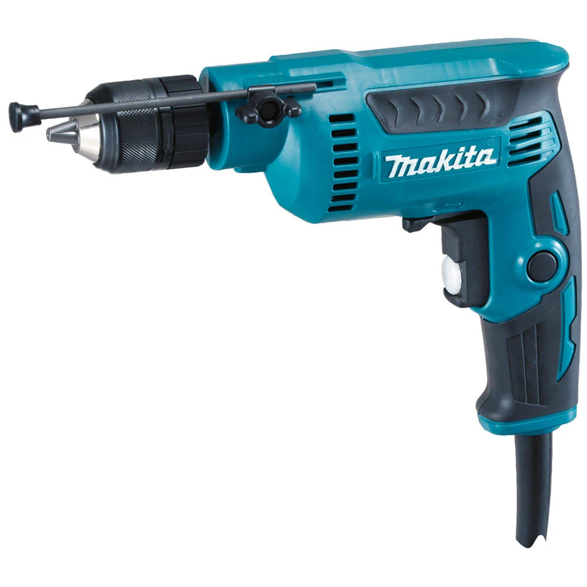 Un trapano Makita verde acqua con manico nero e punta.