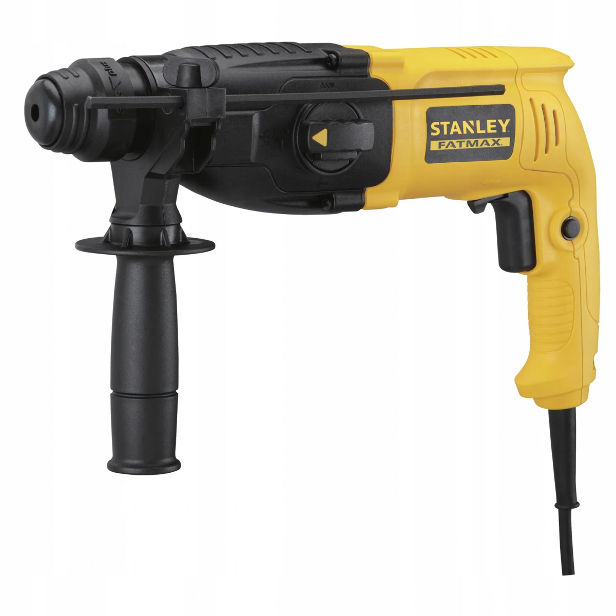 Un taladro percutor Stanley Fatmax amarillo y negro.
