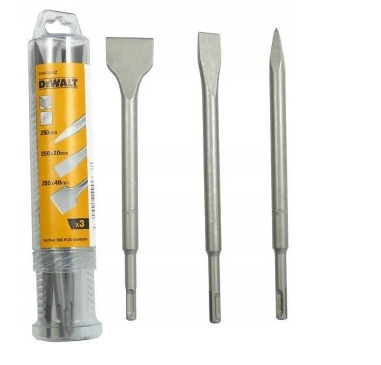 Tres cinceles metálicos en un paquete DeWalt. Se ven diferentes formas.