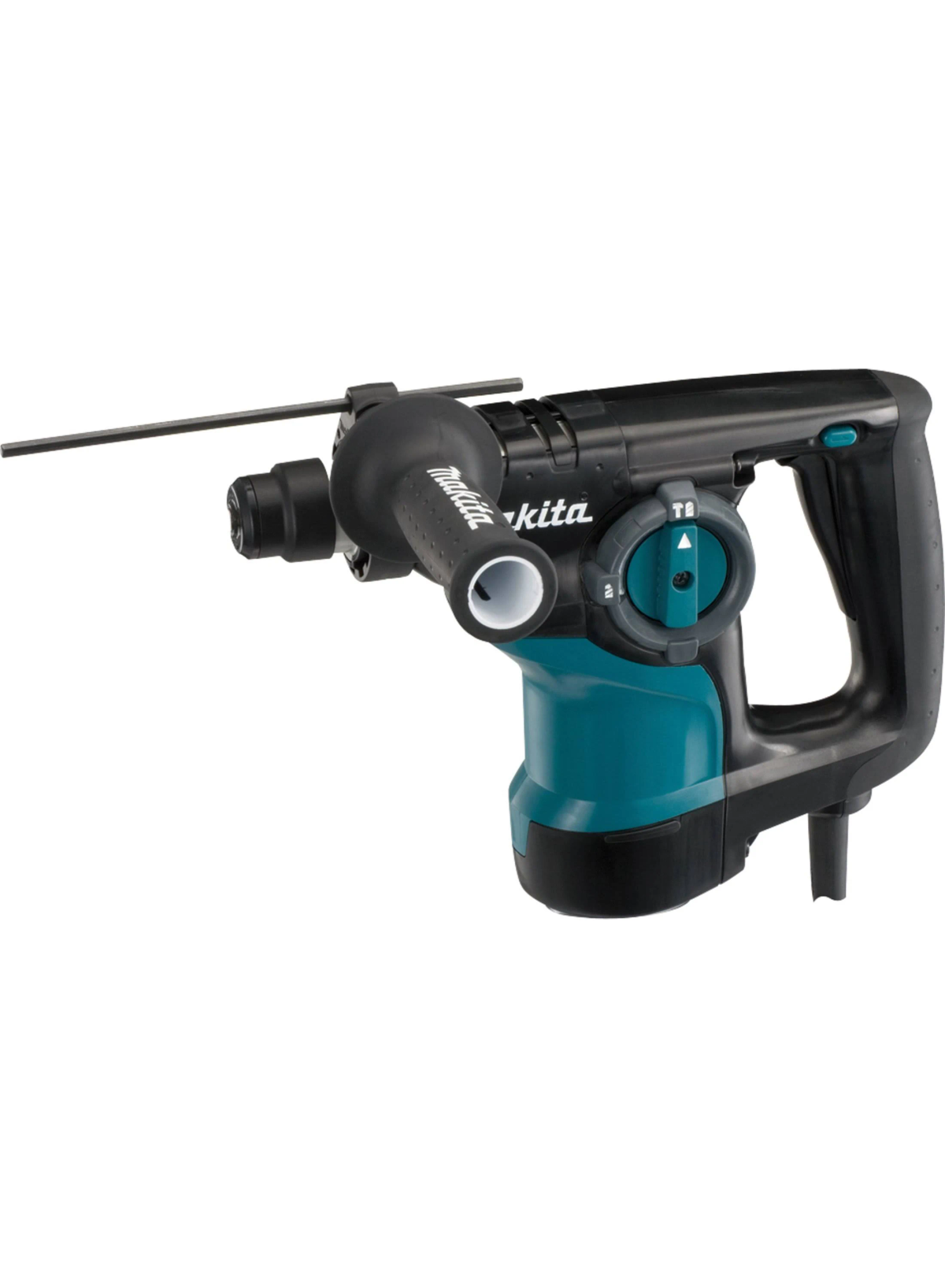 Makita Bohrmaschine, schwarz und türkis. Seitenansicht, weißer Hintergrund.