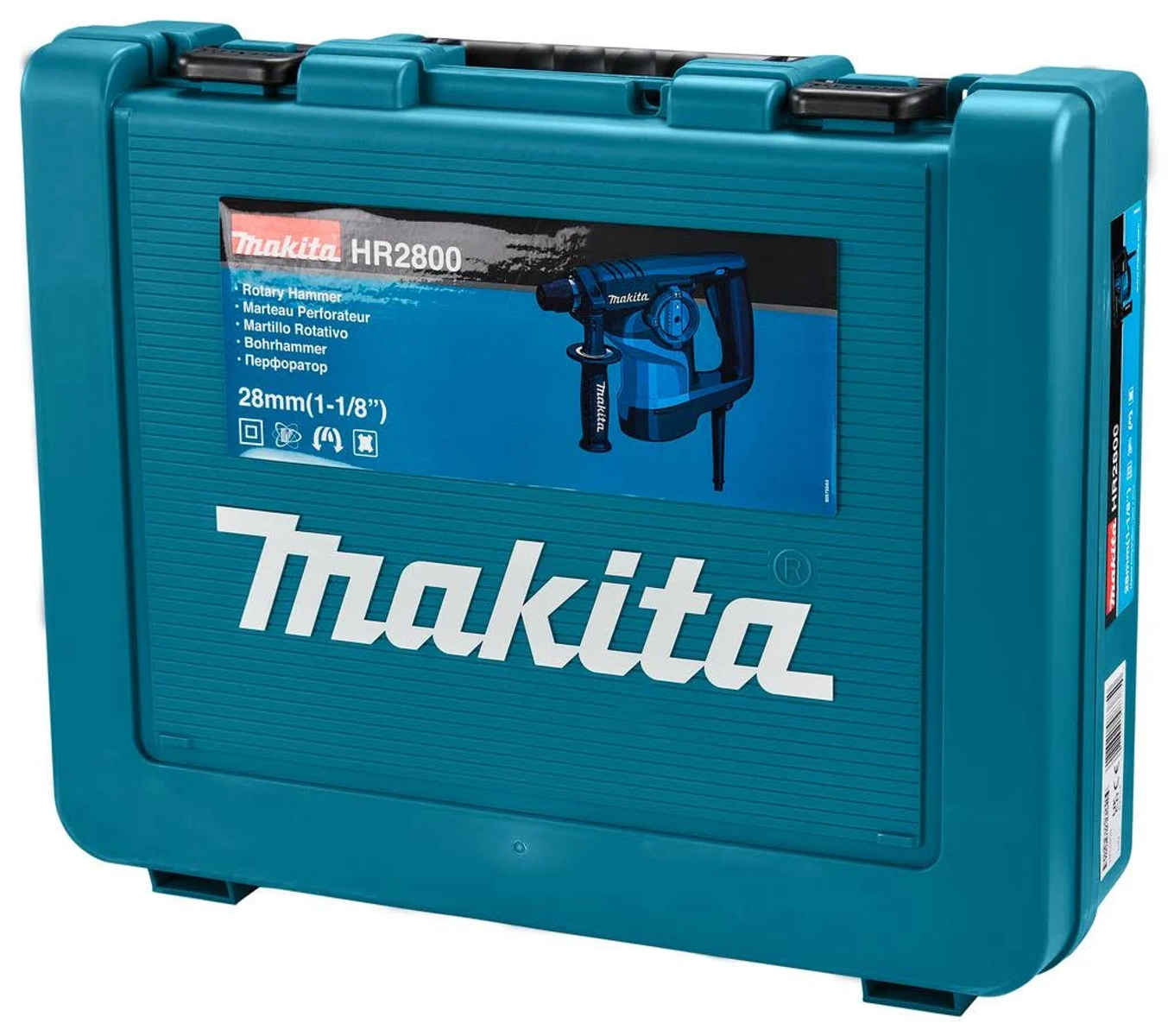 Ein türkisfarbener Makita Werkzeugkoffer mit dem Makita Logo und Textetiketten.
