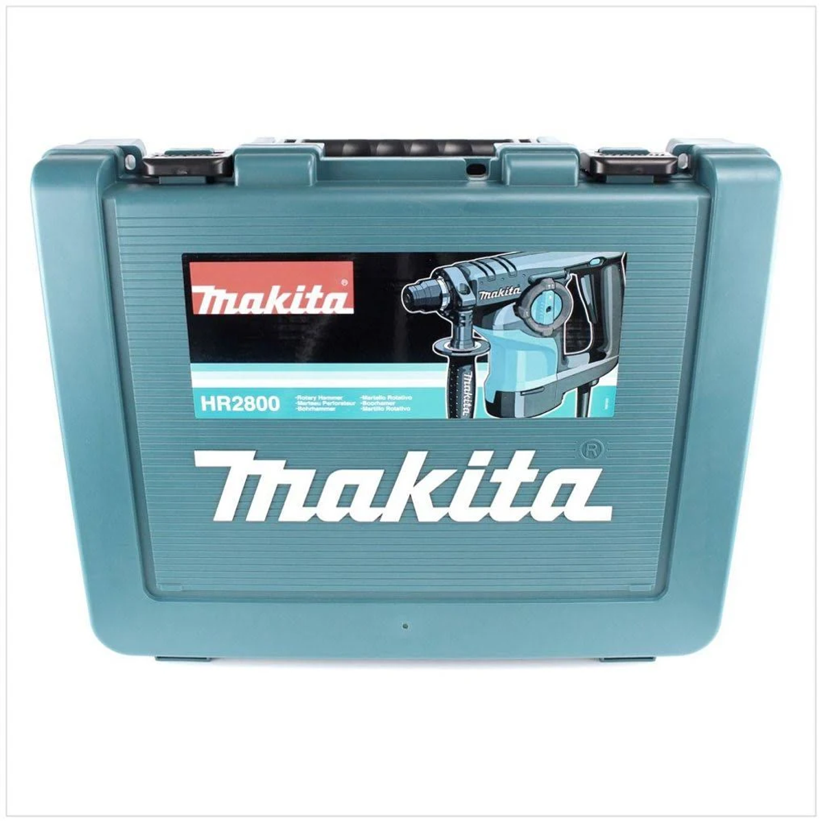 Makita Bohrkoffer, blaugrün mit weißem Makita-Logo. Weißer Hintergrund.