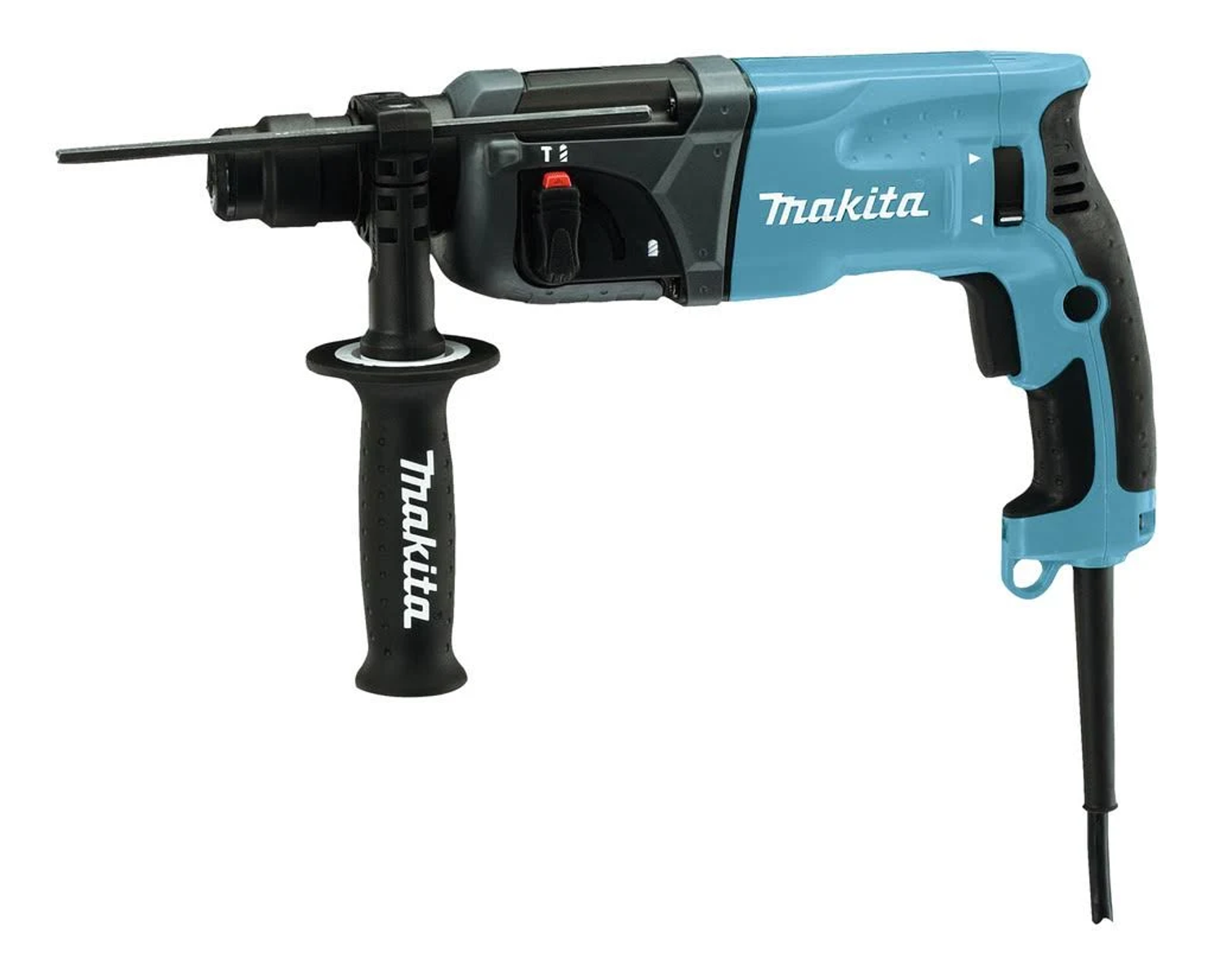 Blauer Makita-Hammerbohrer auf weißem Hintergrund. Schwarzer Griff und Bohrer. Makita-Logo sichtbar.