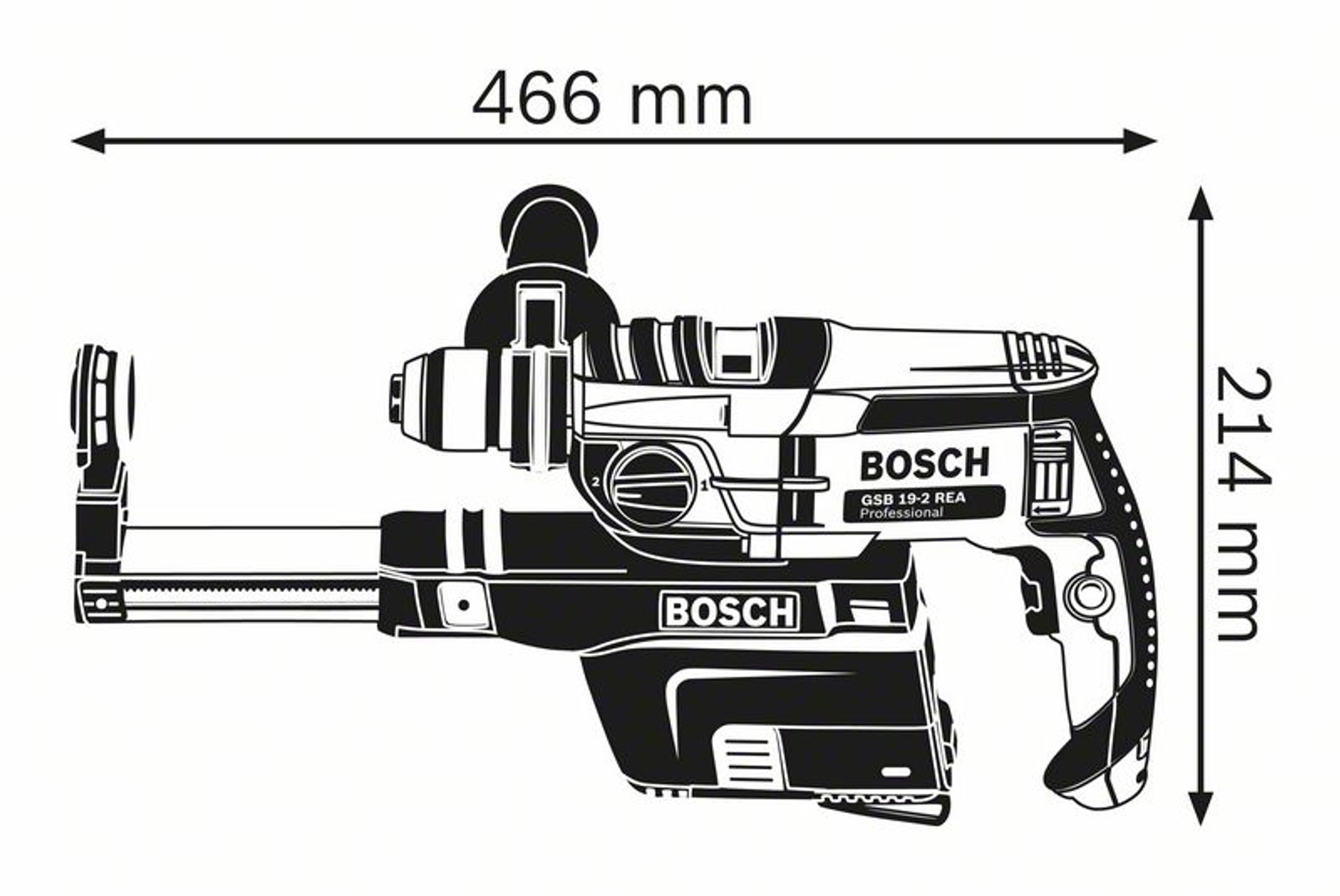 Ilustración en blanco y negro de un taladro Bosch. Se dan las dimensiones.