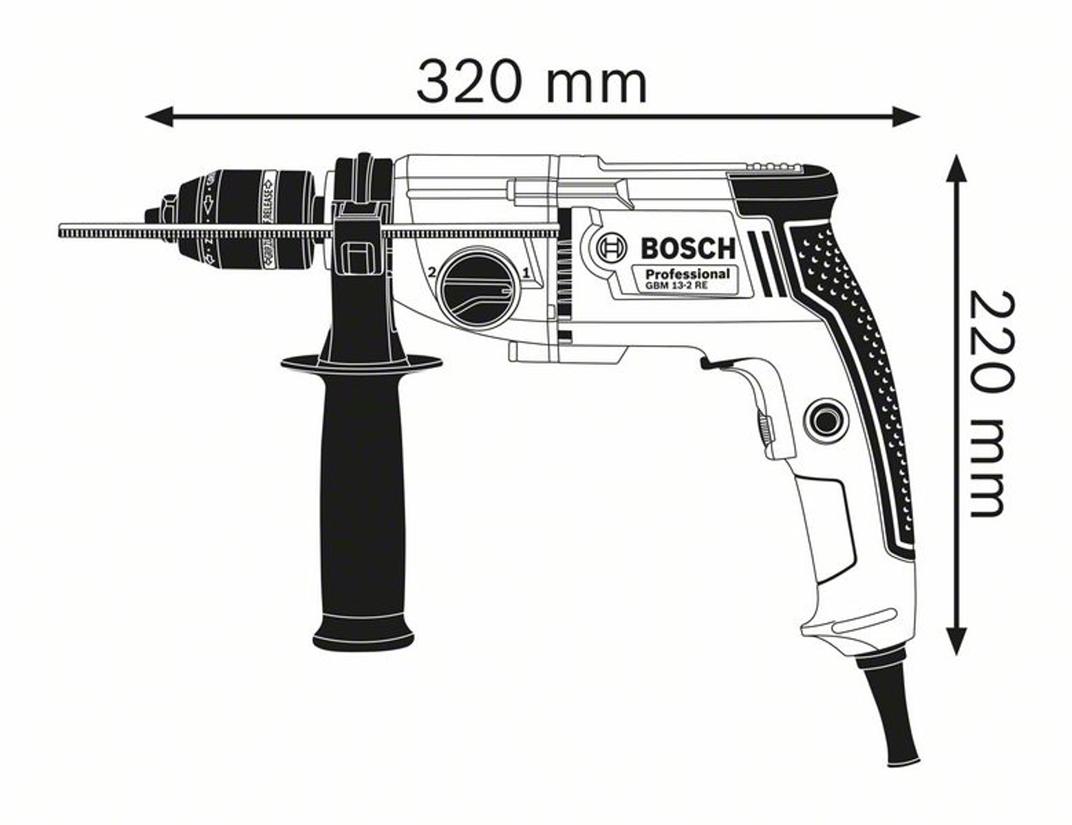 Czarno-biały diagram wiertarki Bosch z wymiarami: 320 mm długości i 220 mm wysokości.