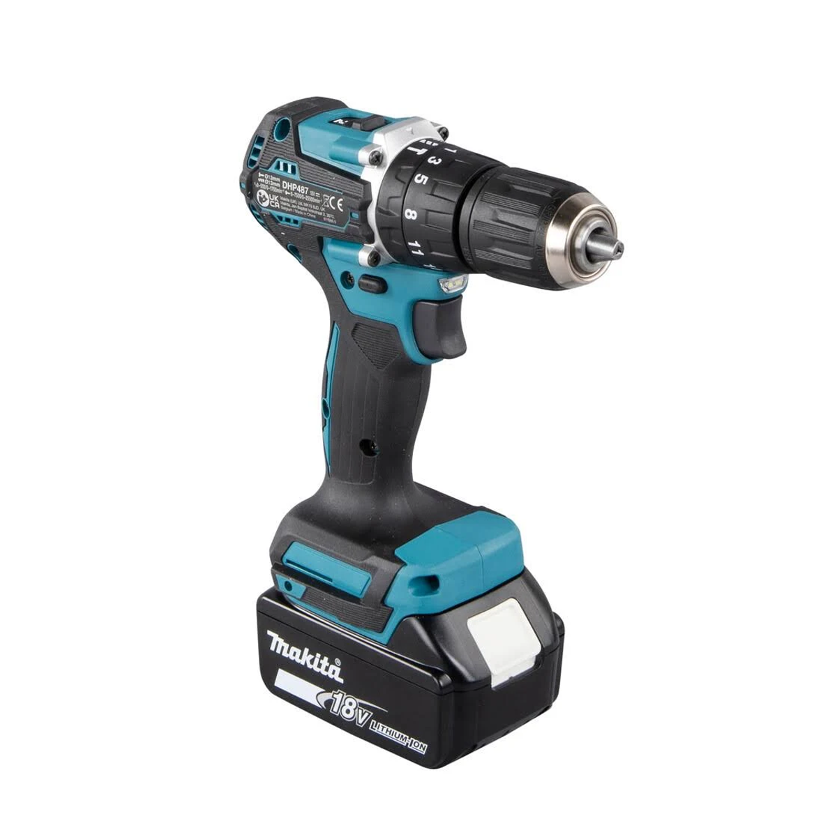 Wiertarka akumulatorowa Makita, turkusowa i czarna. Z bliska, białe tło.