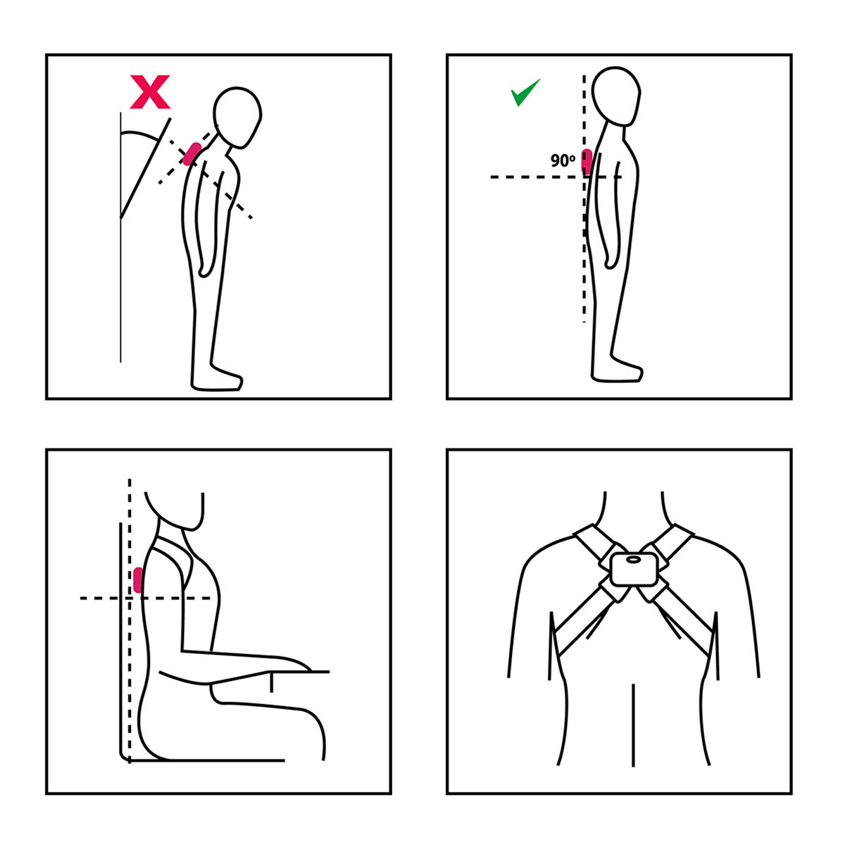 Diagramma che mostra la correzione della postura. Illustrazioni mostrano postura corretta e scorretta, uso di un tutore posturale.