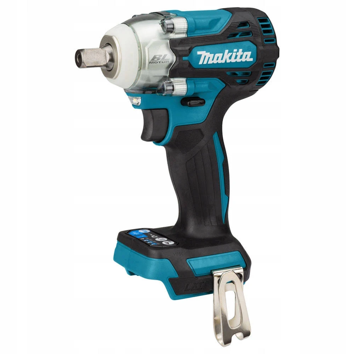 Llave de impacto Makita, negro y verde azulado, con un accesorio plateado y un mango negro.