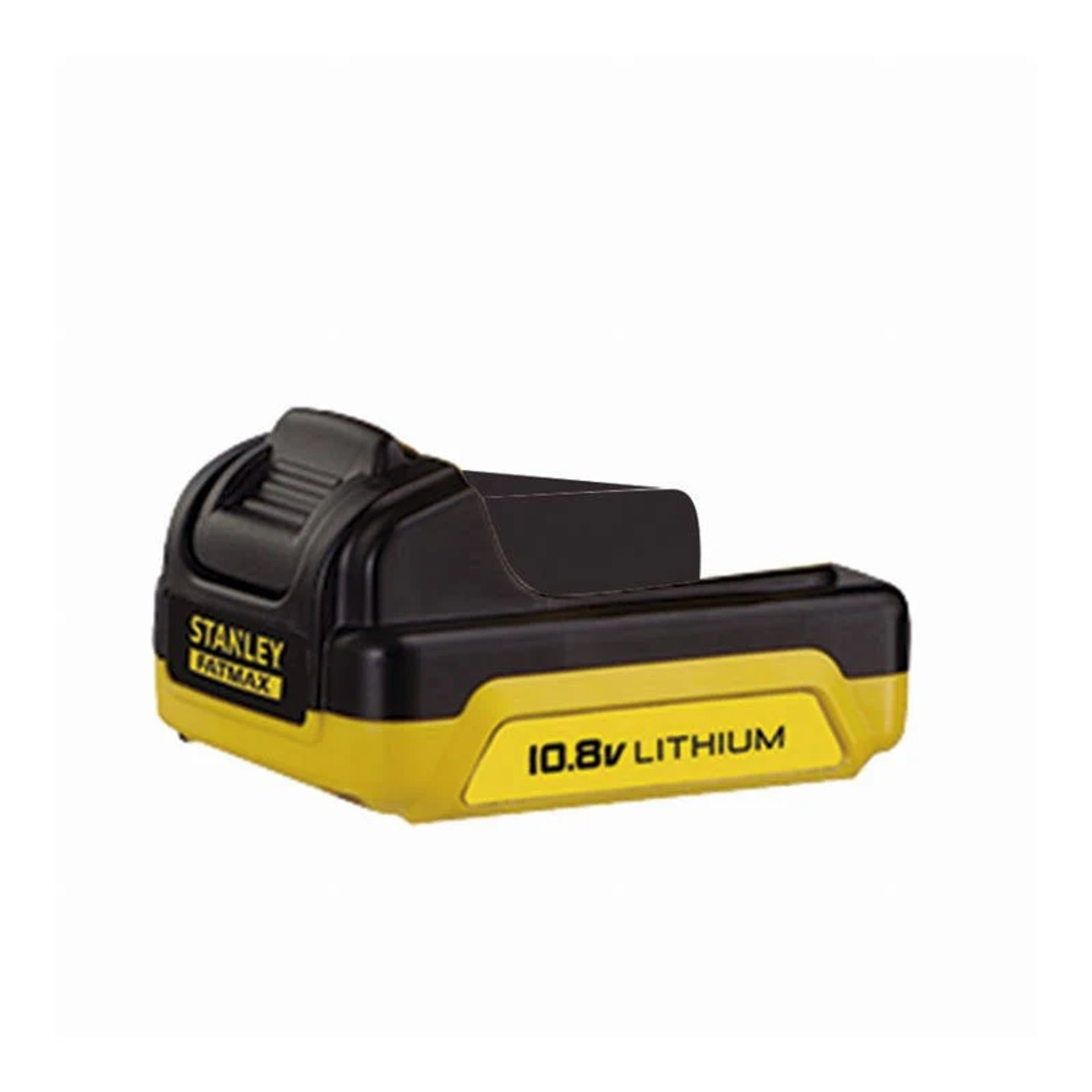 Una batteria al litio Stanley FatMax da 10,8 V, nera e gialla, con l'etichetta 10,8 V Litio.