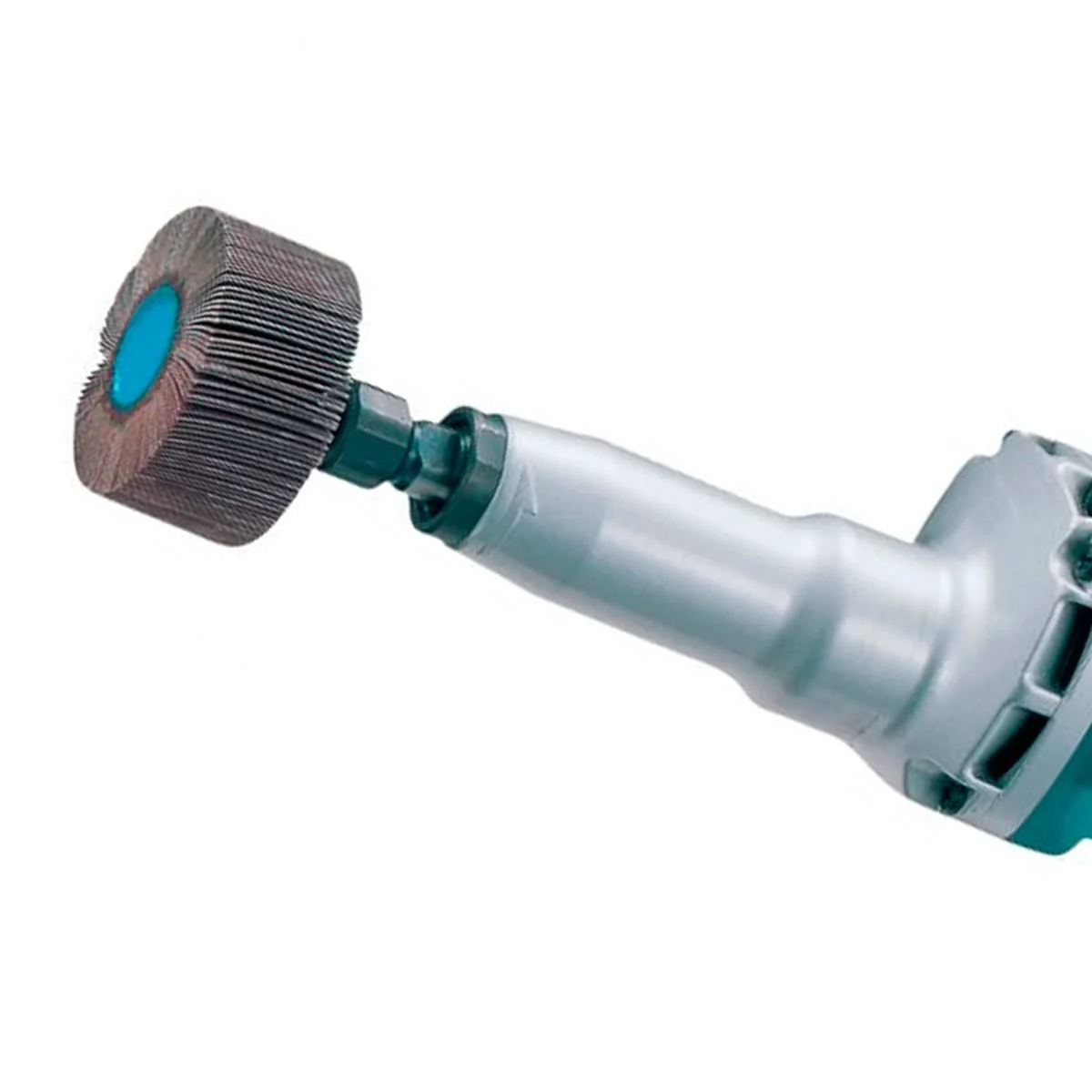 Narzędzie elektryczne z nasadką szlifującą, prawdopodobnie do obróbki metalu, z turkusowymi akcentami.