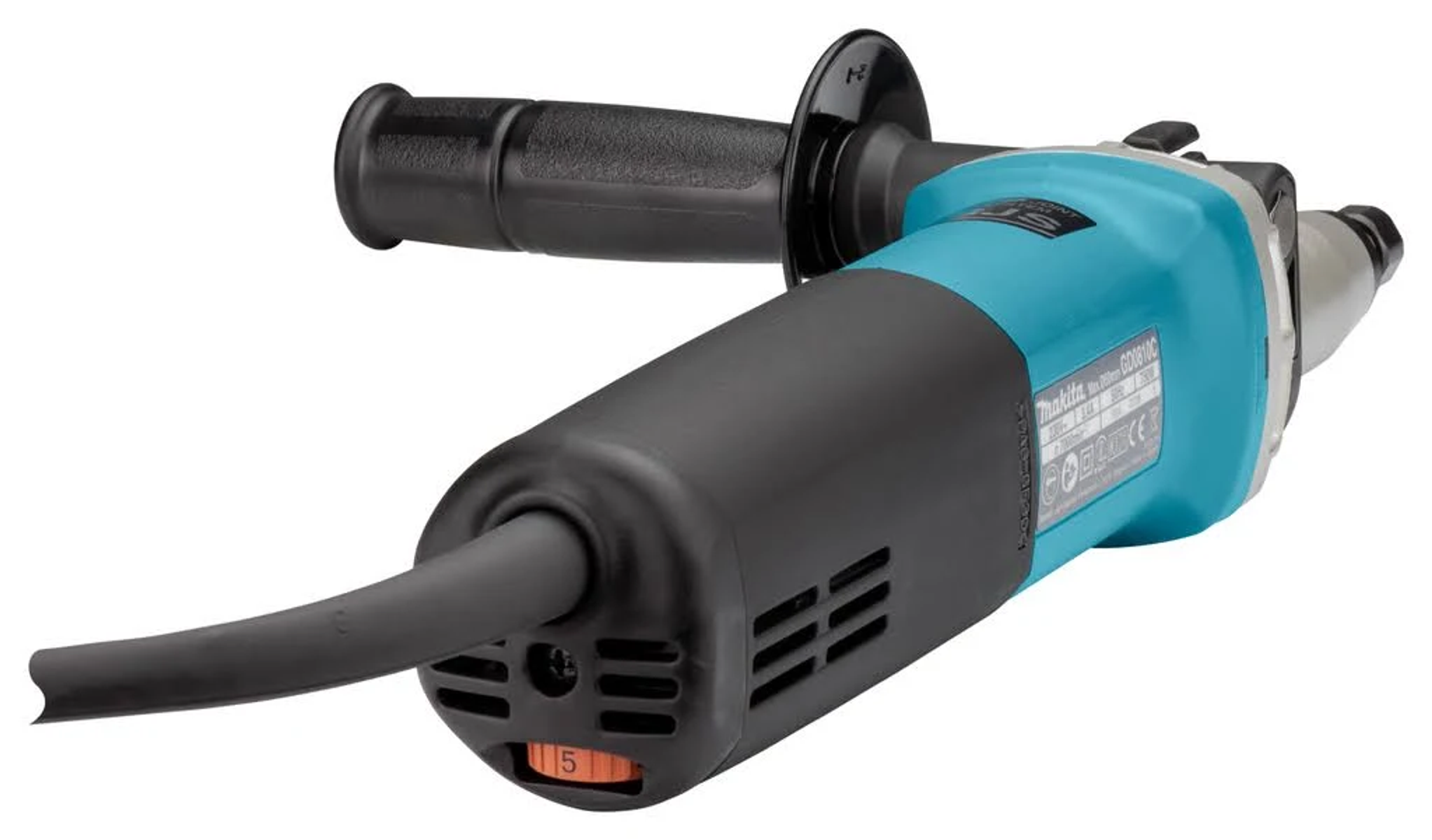 Niebiesko-czarna szlifierka Makita z czarnym uchwytem i przewodem.