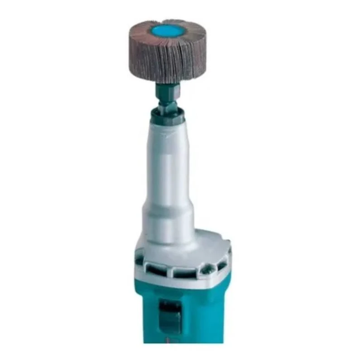 Narzędzie z turkusowym i srebrnym korpusem oraz brązową, cylindryczną główką szczotki.