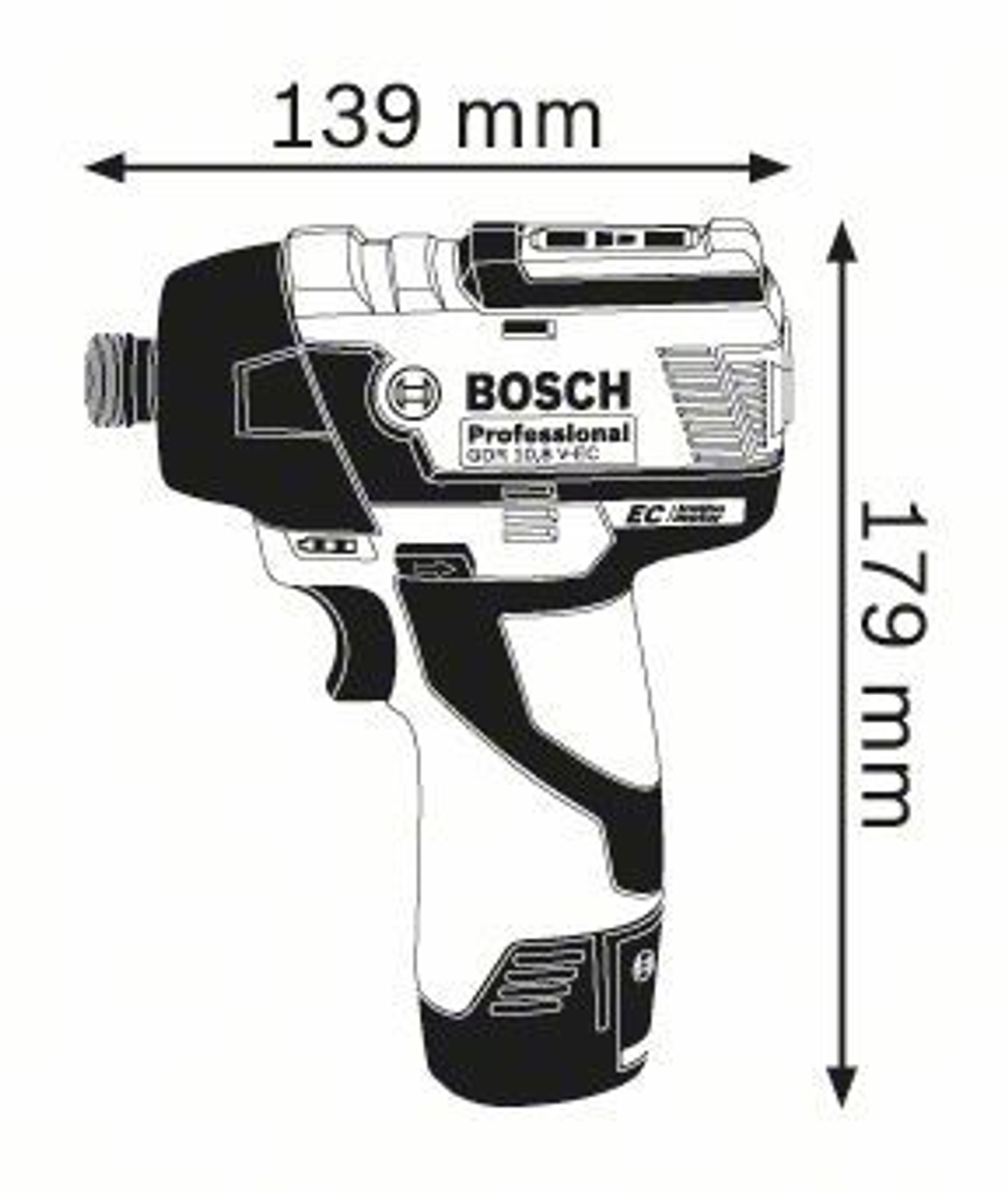 Diagrama de un atornillador de impacto Bosch, mostrando dimensiones en mm.