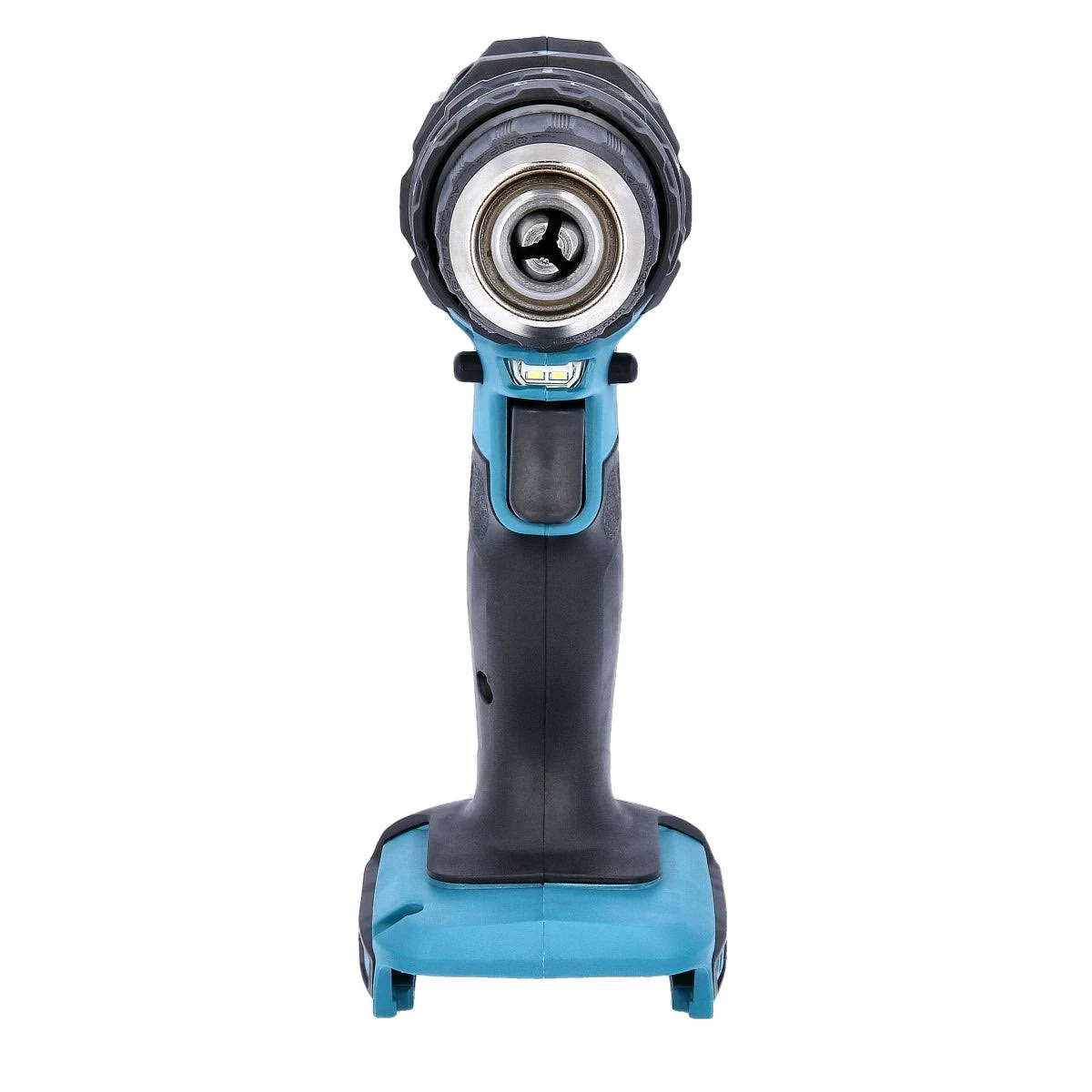 Wiertarko-wkrętarka Makita, turkusowo-czarna, widok z góry.