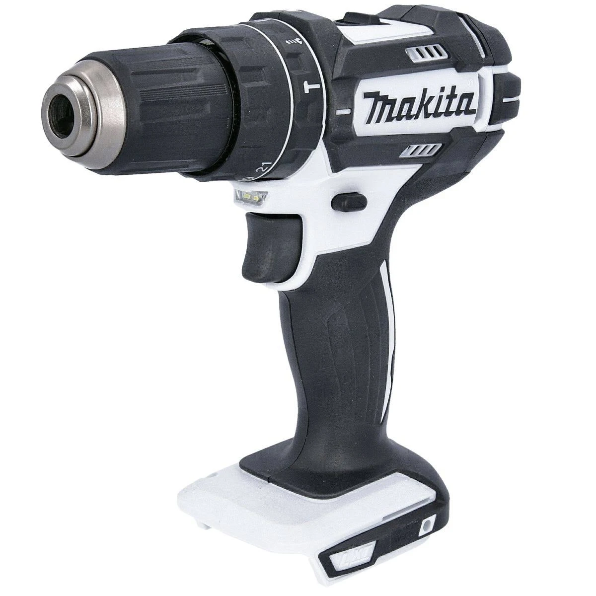 Czarno-biała wiertarko-wkrętarka akumulatorowa Makita, z widoczną nazwą marki, na białym tle.