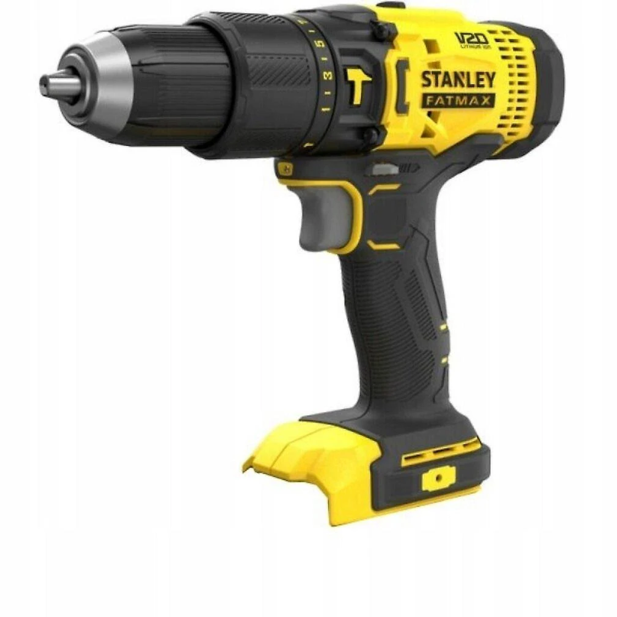 Żółto-czarna wiertarko-wkrętarka Stanley Fatmax, odizolowana na białym tle.