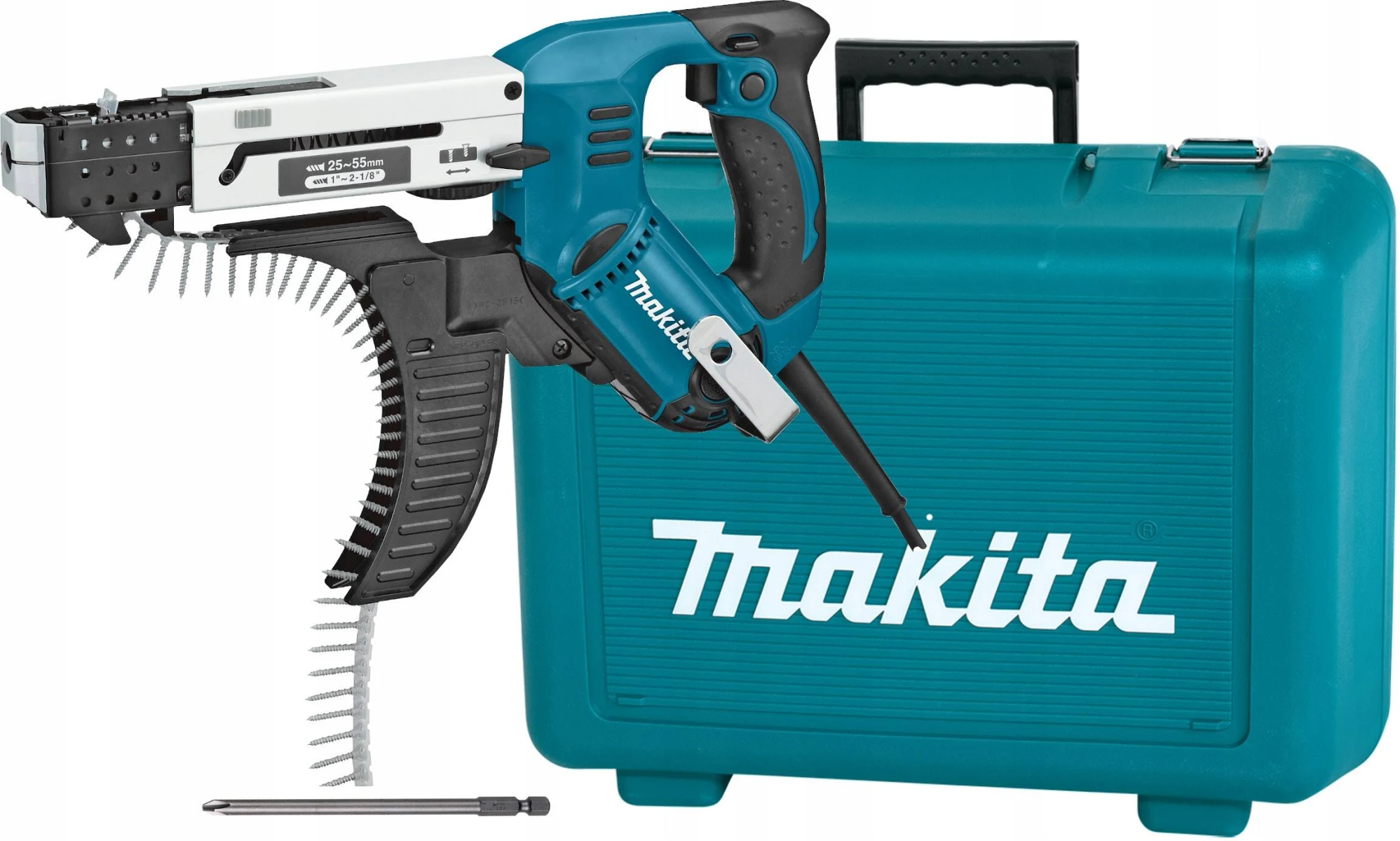 Atornillador Makita turquesa y estuche.  Línea de tornillos y punta de destornillador delante del estuche.