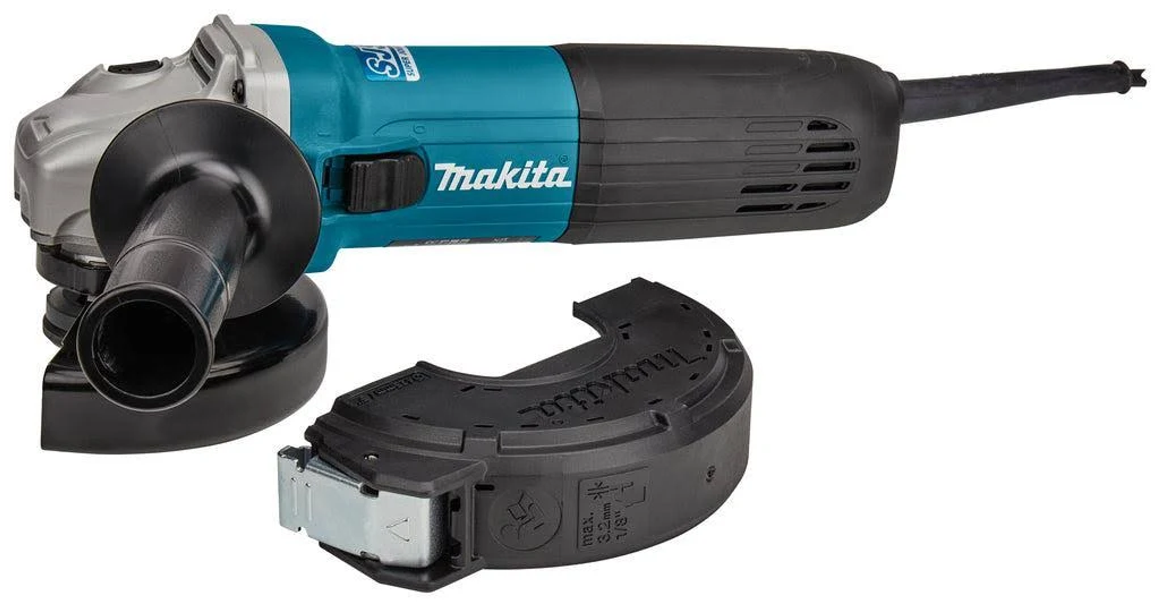 Una amoladora angular Makita turquesa y plateada con un protector negro. El protector está delante de la amoladora.