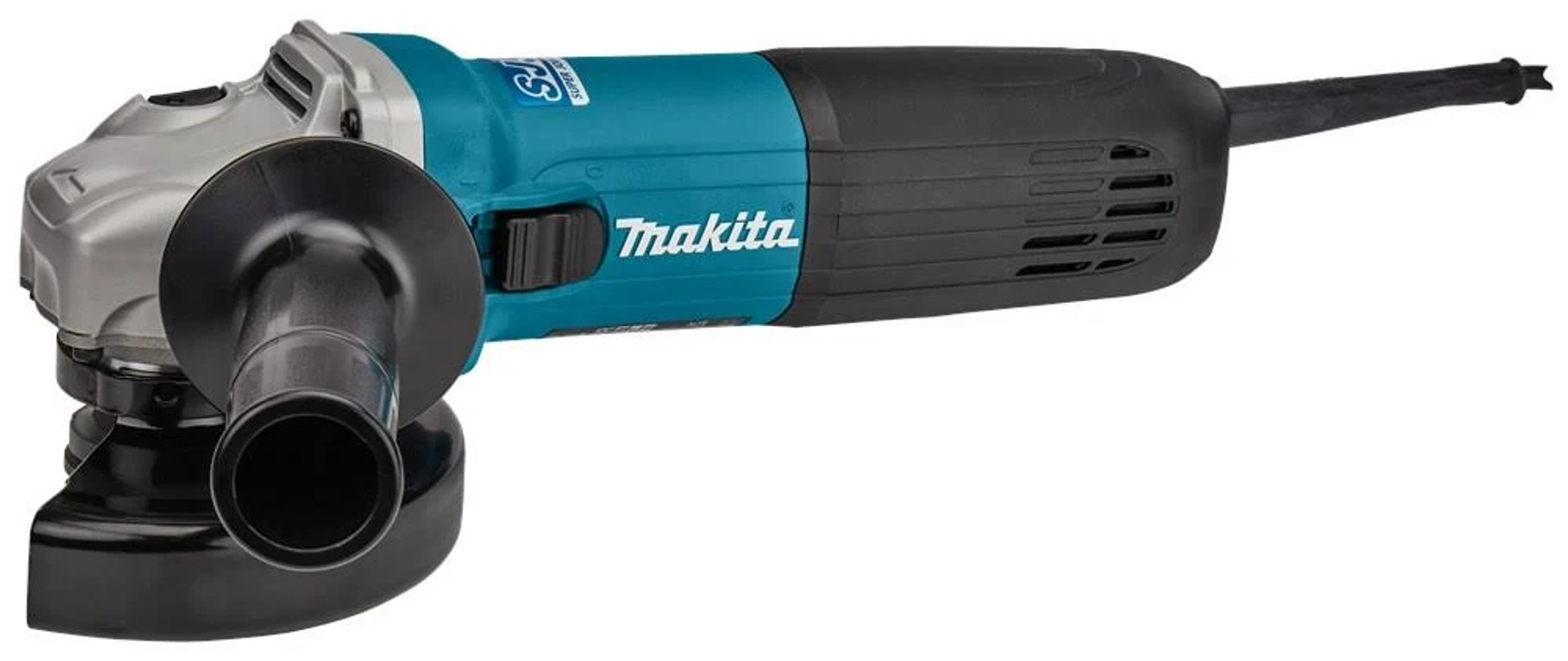 Amoladora angular Makita, turquesa y negro, con protector y mango negro.