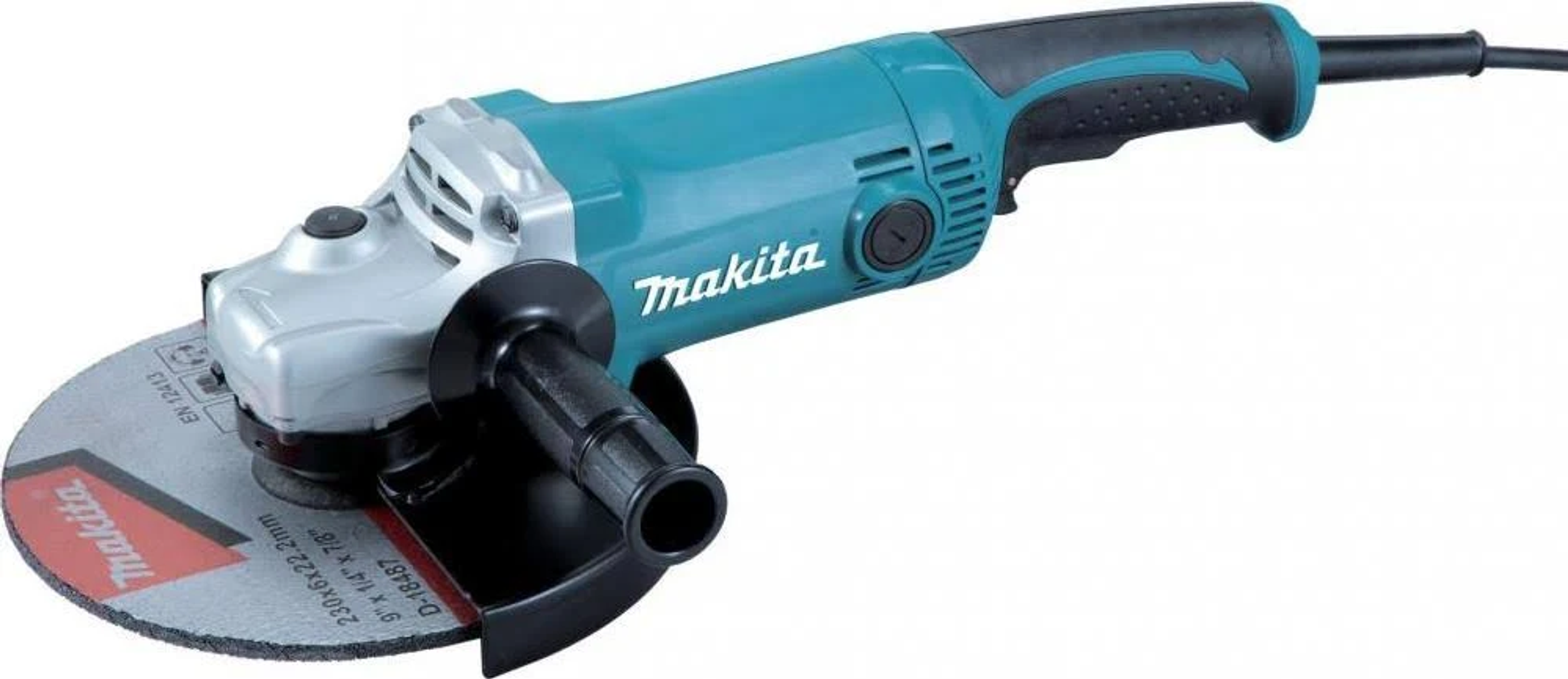 Una amoladora Makita verde azulado con mango negro, sobre una superficie blanca, aislada.