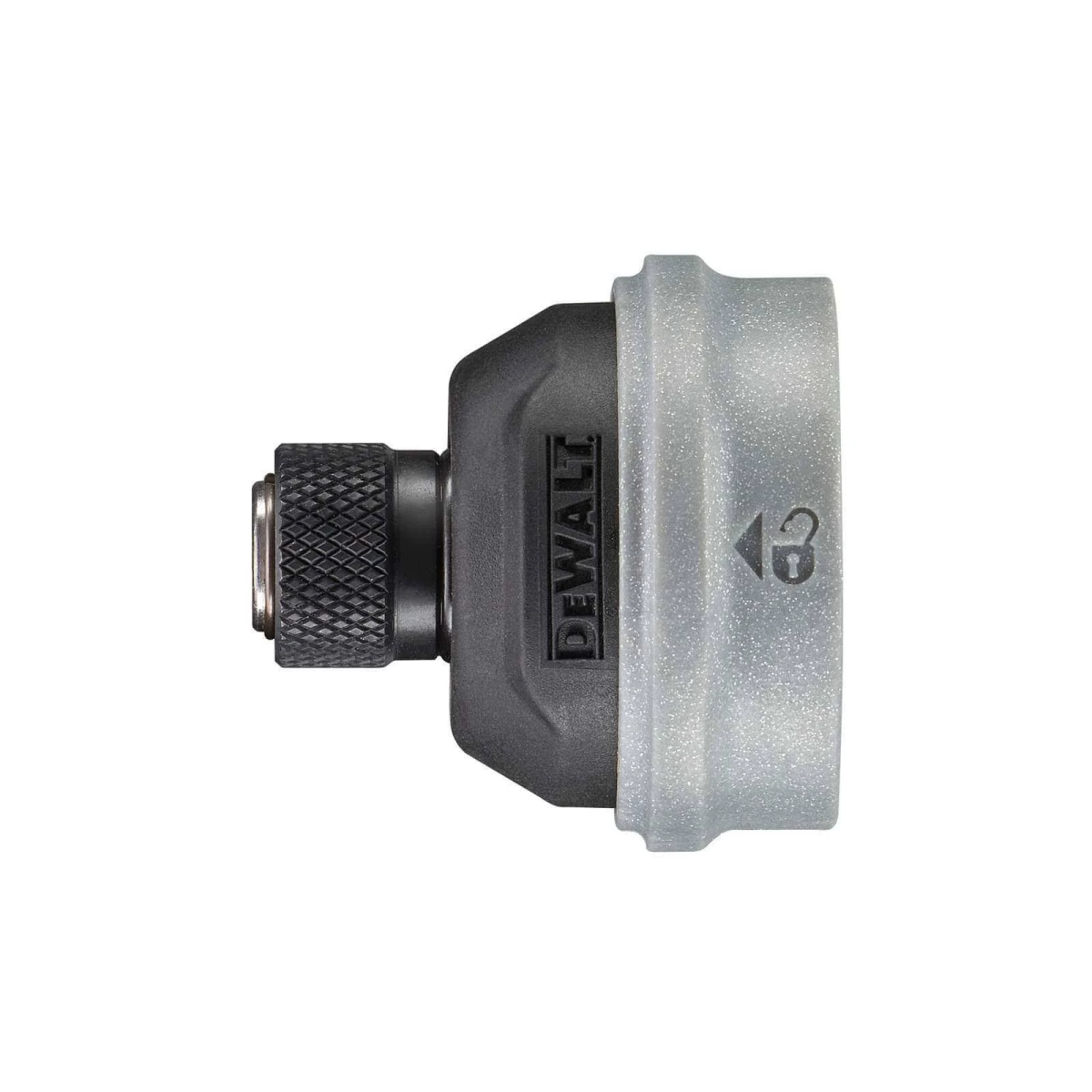 Accesorio DeWalt negro y gris con un anillo de ajuste texturizado y un extremo gris etiquetado.